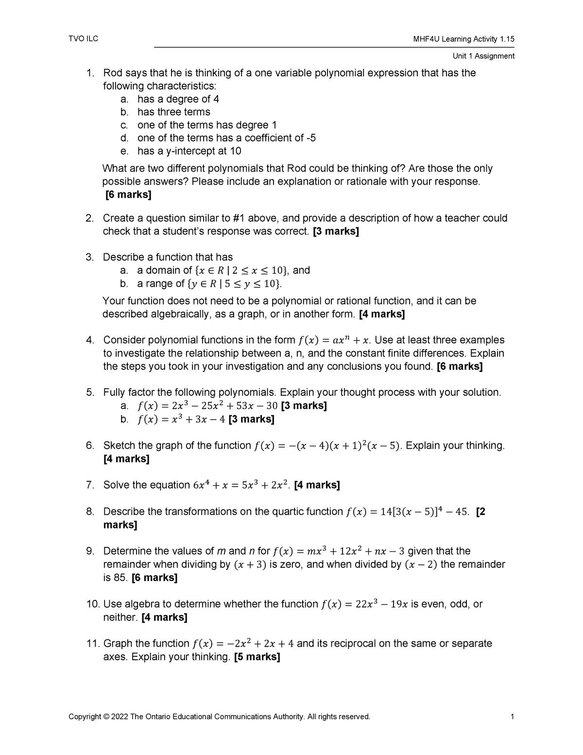 A1Doc - Understanding calculus - MHF4U Learning Activity 1. Unit 1 ...