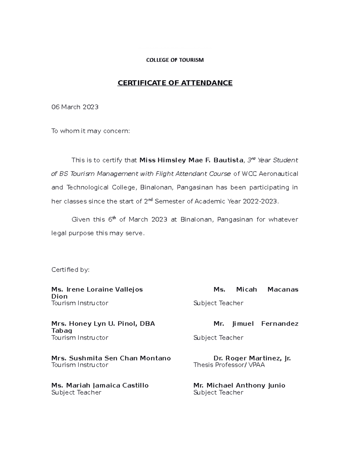 CertificateofAttendance COT COLLEGE OF TOURISM CERTIFICATE OF