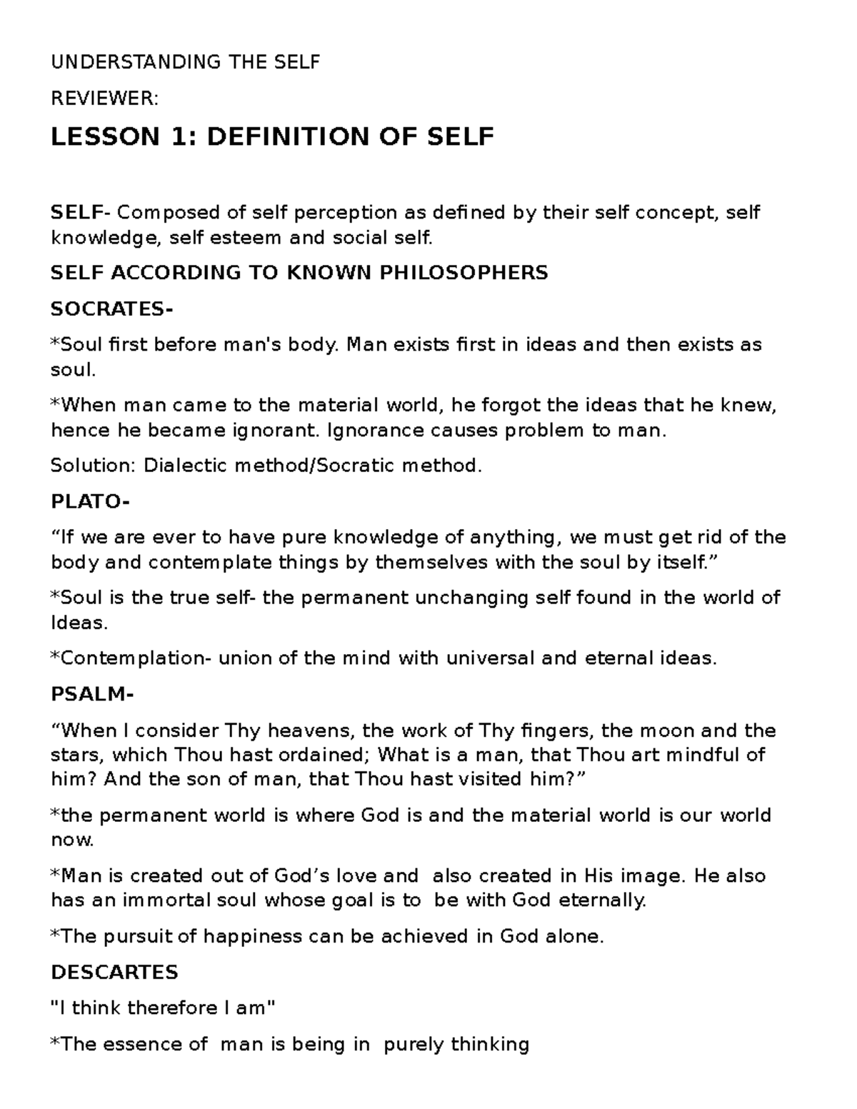 Reviewer (Understanding the Self) UNDERSTANDING THE SELF REVIEWER LESSON 1 DEFINITION OF