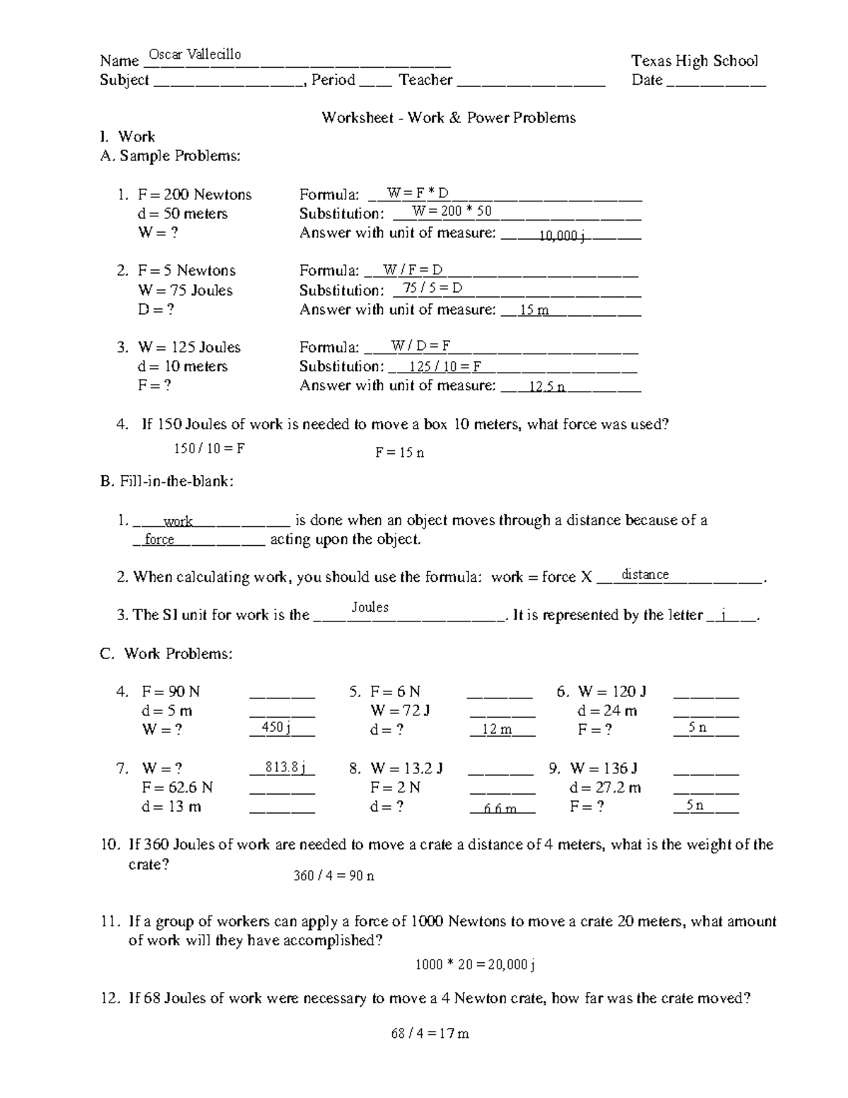 Oscar Vallecillo Worksheet Work And Power Problems PHYS 1402 