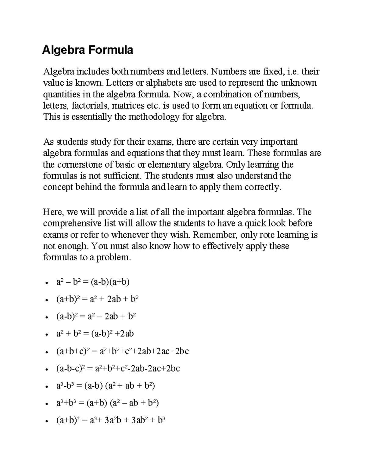 Algebra Formula - Algebra Formula Algebra includes both numbers and ...