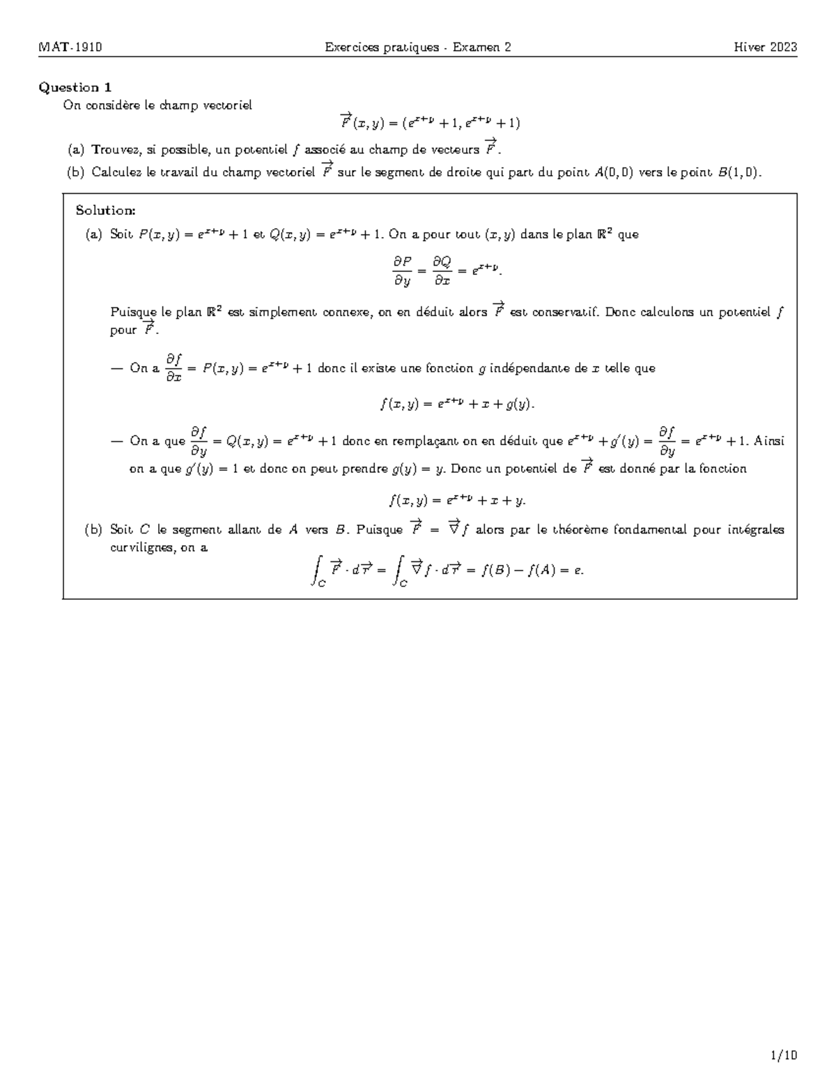 H23 Exo Pratique E2 MAT1910 - Question 1 On considère le champ ...