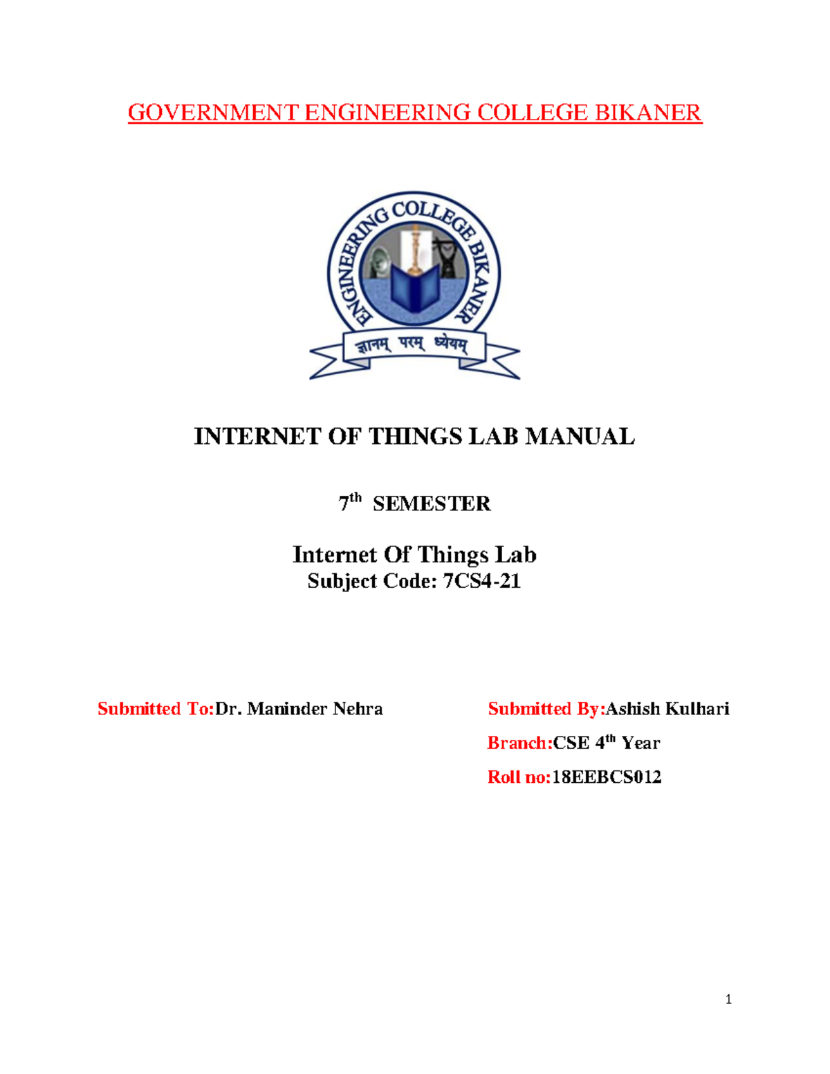 IOT LAB Manual for 4th year GOVERNMENT ENGINEERING COLLEGE BIKANER