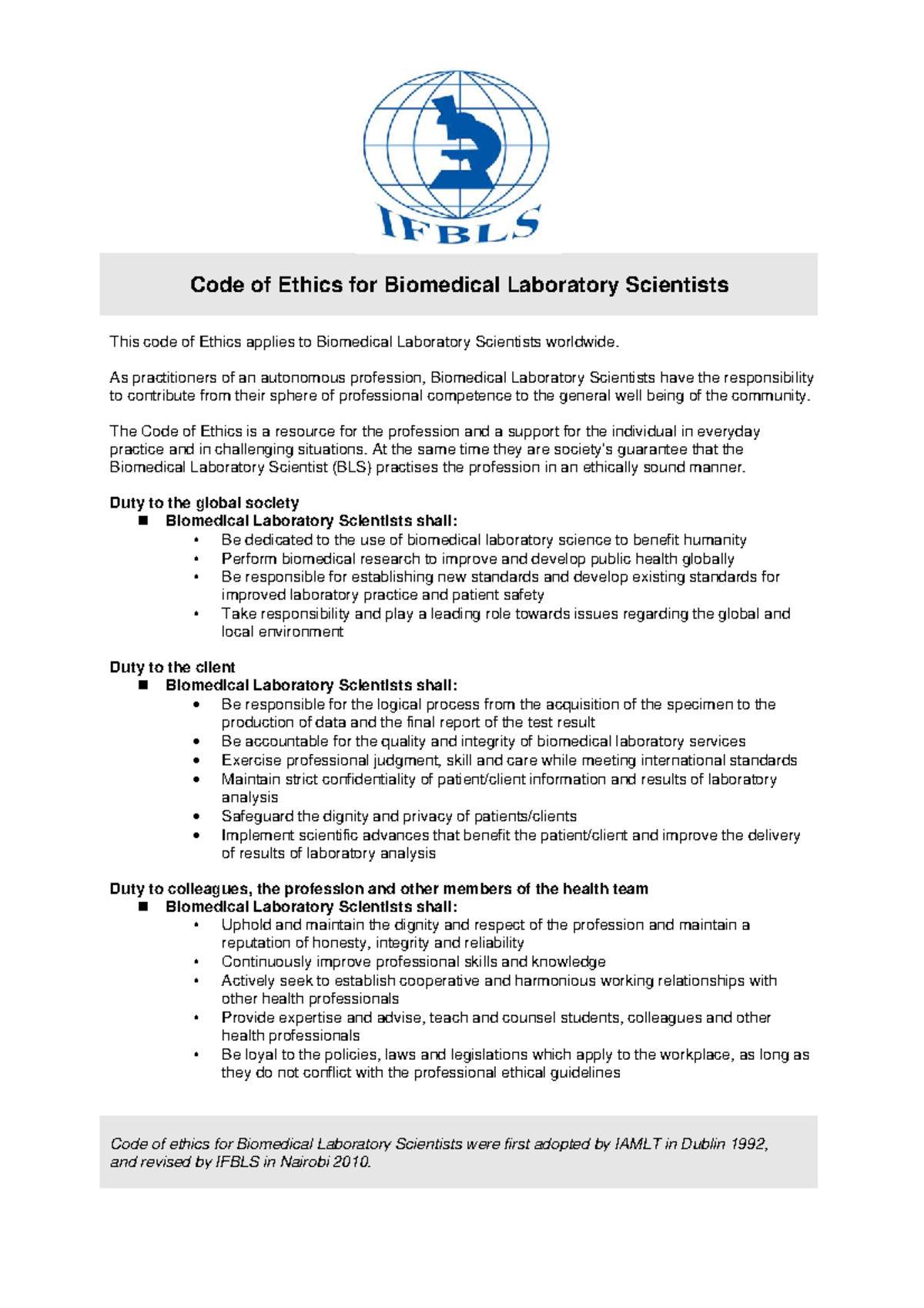 Iamlt Version of the Code of Ethics Code of Ethics for Biomedical Laboratory Scientists This