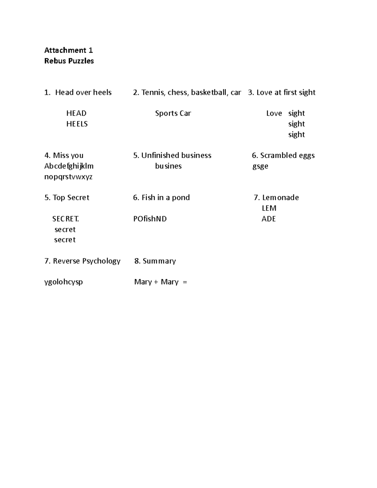 Melcs and Rebus Attachment 1 Rebus Puzzles Head over heels 2. Tennis
