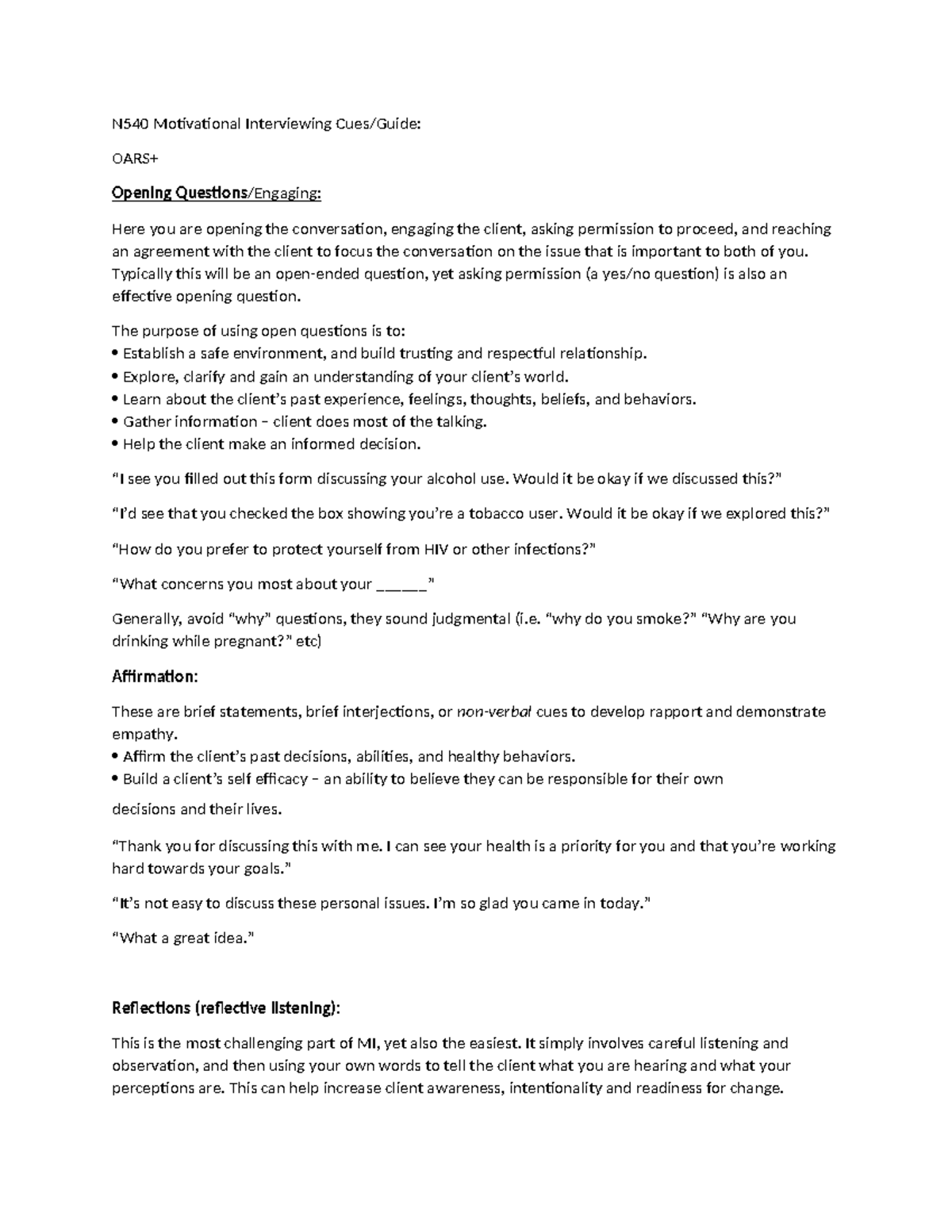 Motivational Interviewing Guide Cues - N540 Motivational Interviewing ...