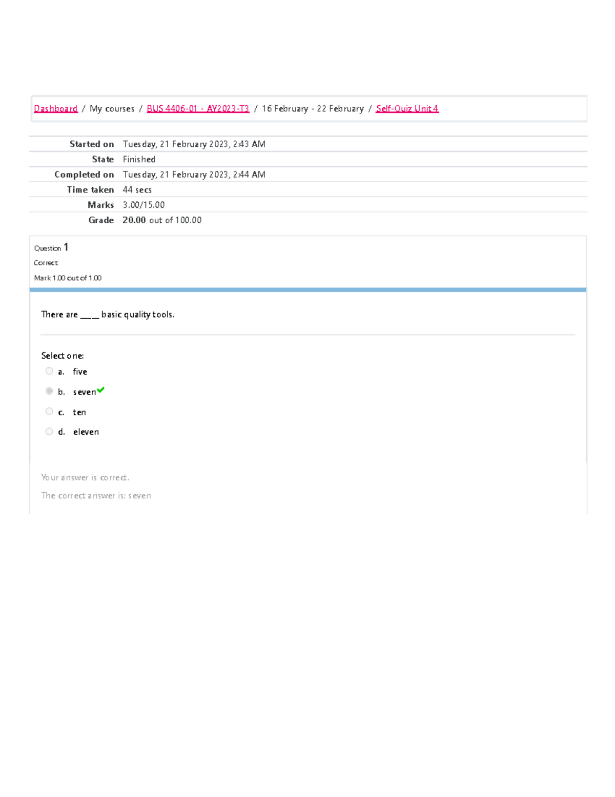 BUS 4406 Quality management Self Quiz 4 - Started on Tuesday, 21 ...