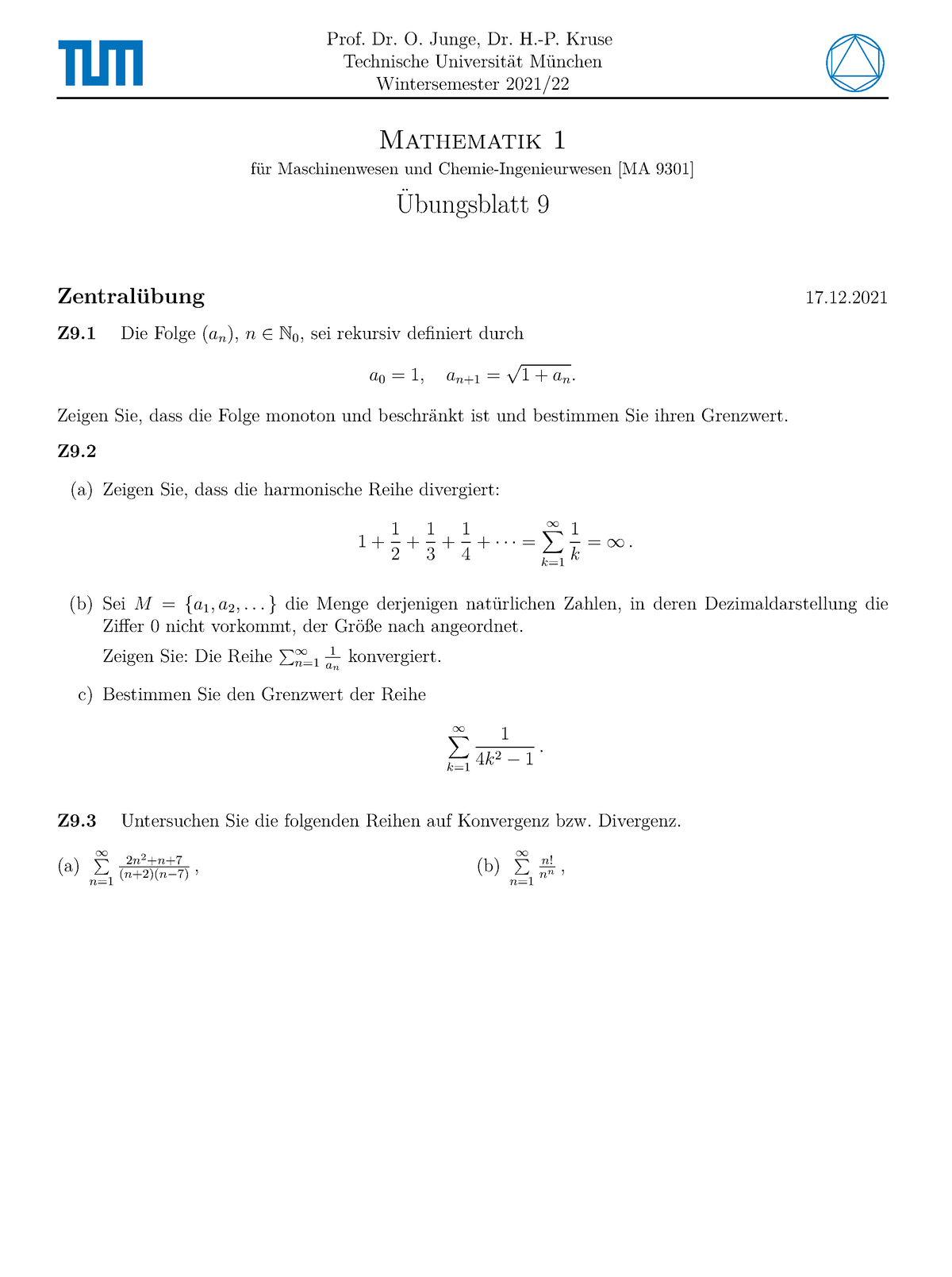 Übungsblatt Folge /harmonische Reihen - Prof. Dr. O. Junge, Dr. H.-P ...