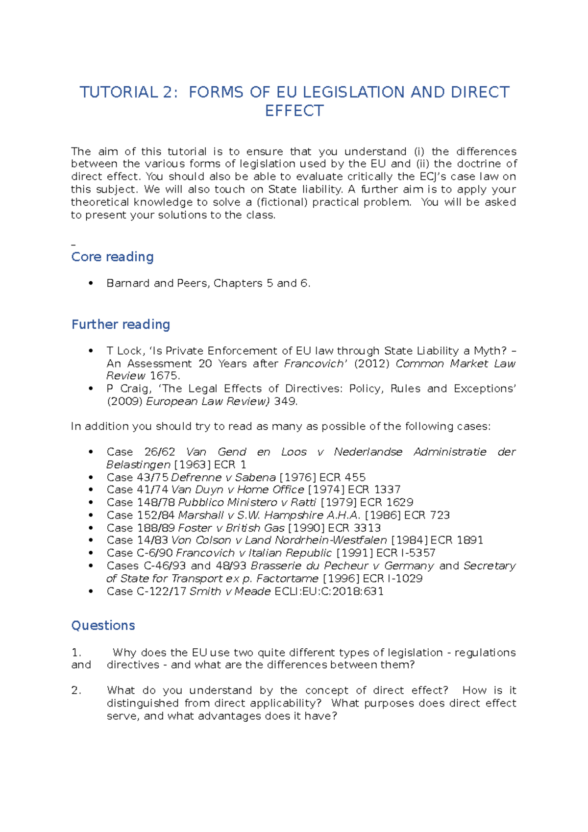 Tutorial 2 EU Law TUTORIAL 2 FORMS OF EU LEGISLATION AND DIRECT
