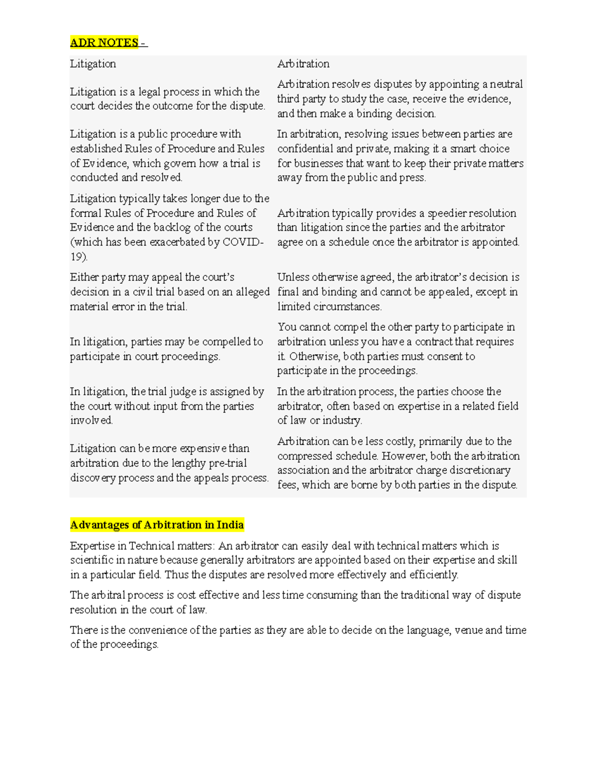 ADR Notes - ADR NOTES - Litigation Arbitration Litigation is a legal ...