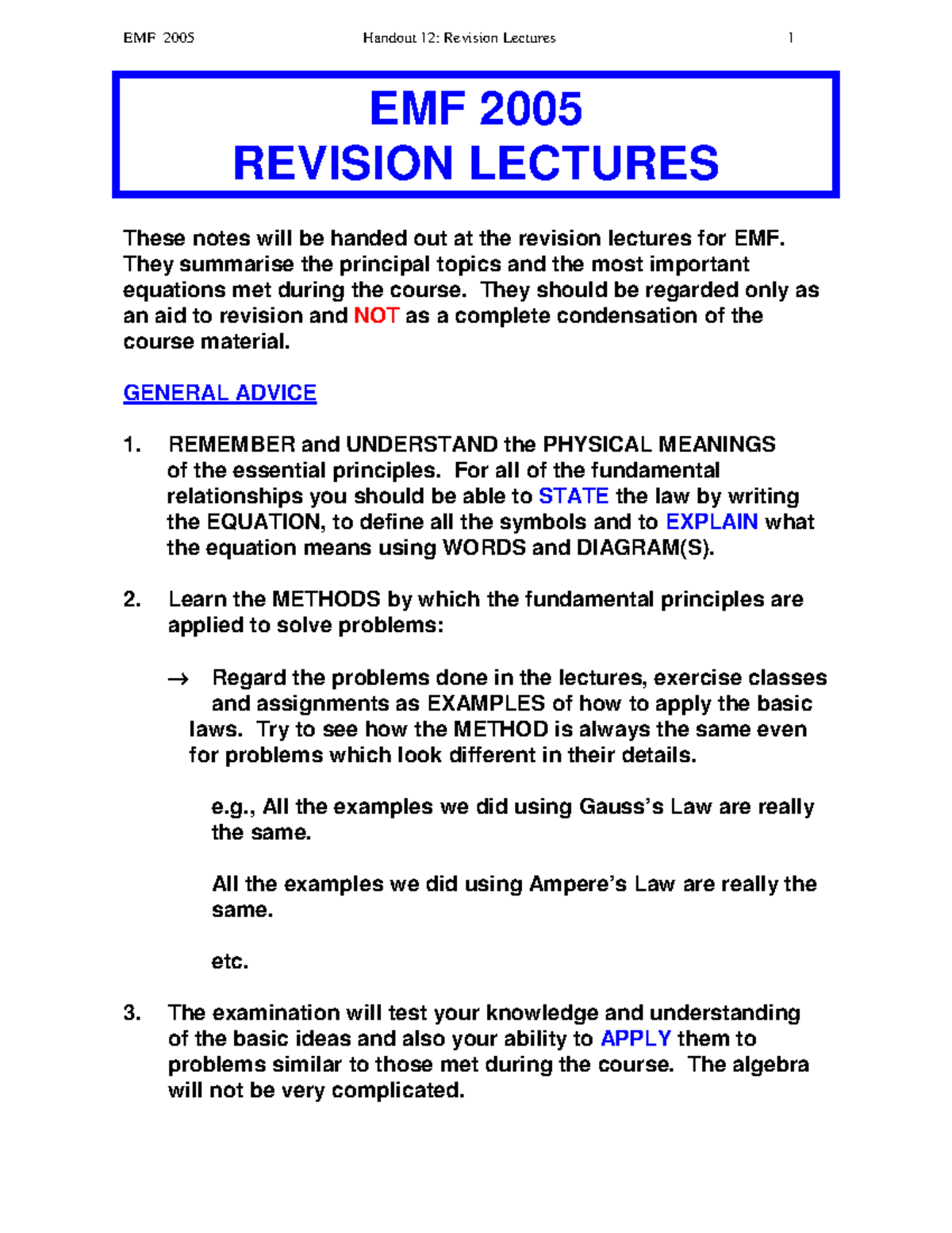 Handout 12 - octave - EMF 2005 REVISION LECTURES These notes will be ...