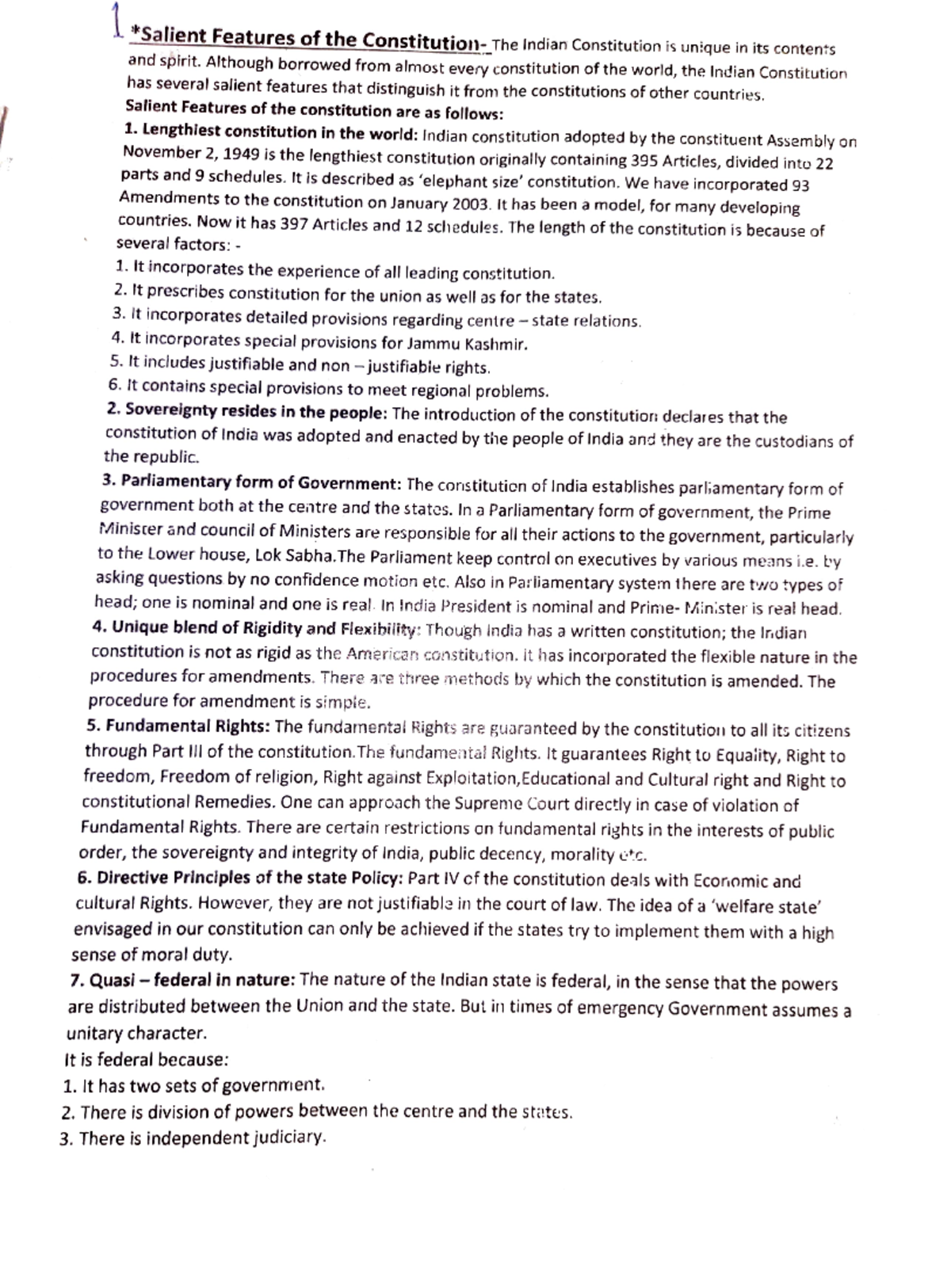 Constitution Law Notes Features Of The The Indian Constitution Is