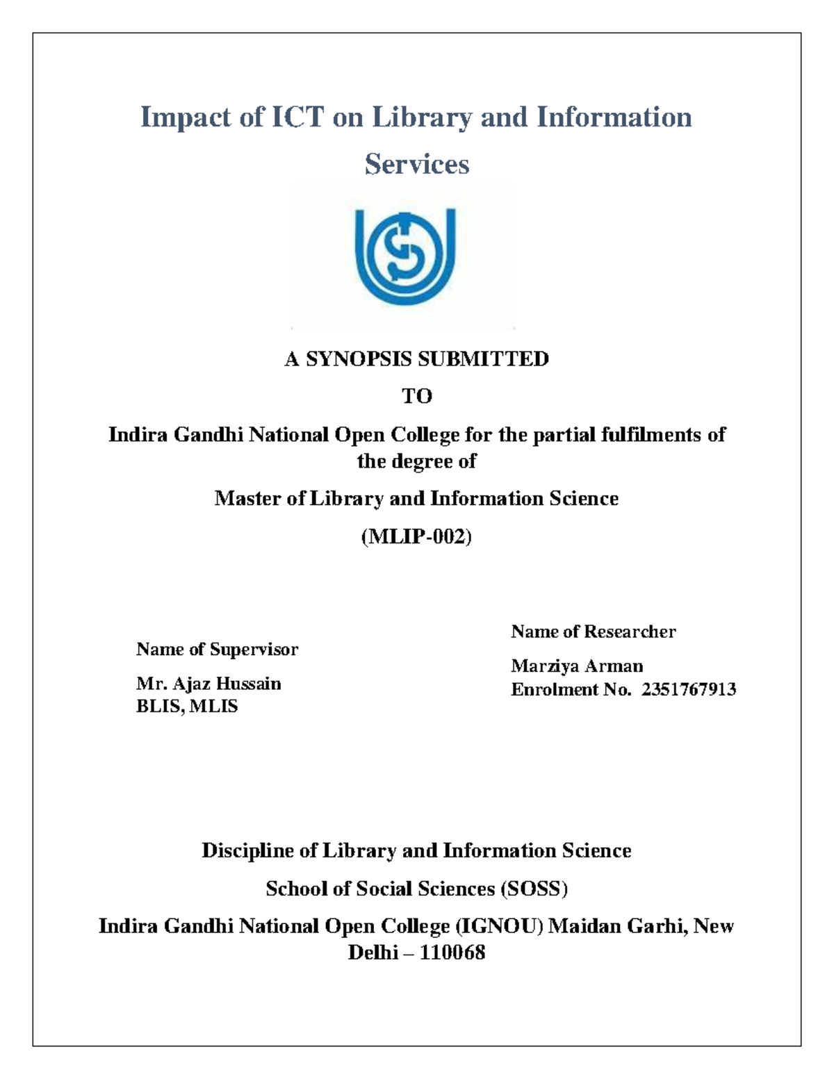 Cover - Impact of ICT on Library and Information Services A SYNOPSIS ...
