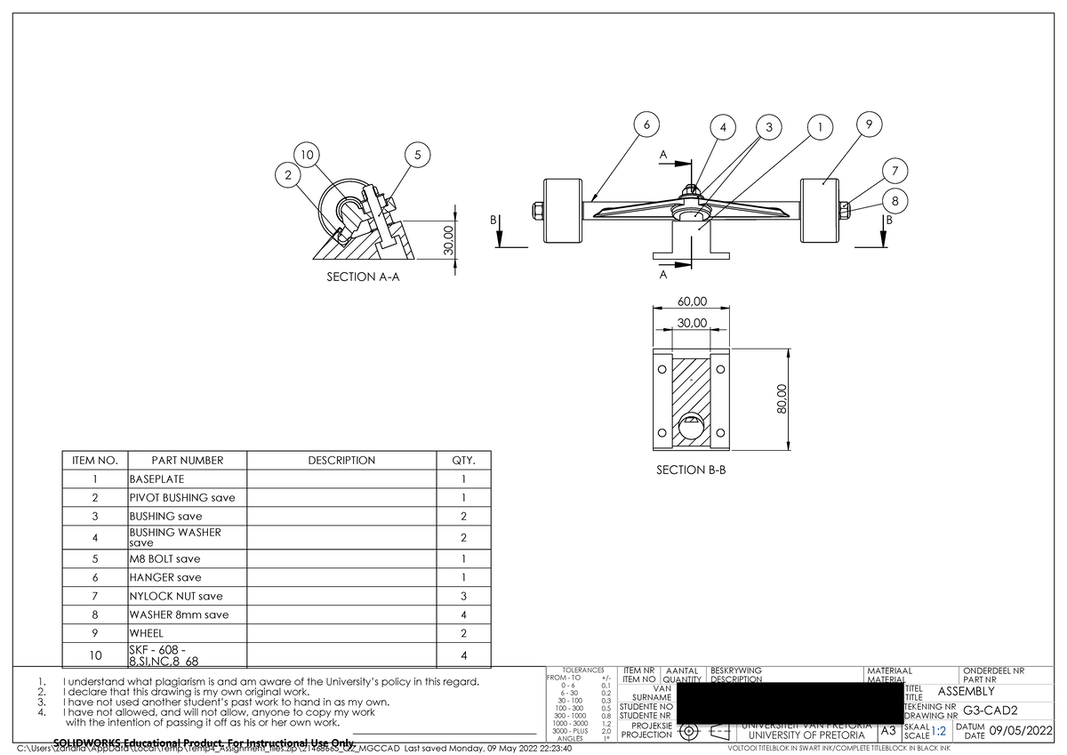MGC Solidworks working drawing - A A B B 9 7 6 4 8 1 30, SECTION A-A 2 ...