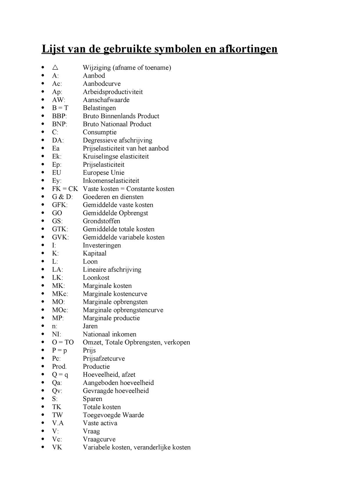 Lijst Van Gebruikte Afkortingen En Symbolen (1) - Lijst Van De ...
