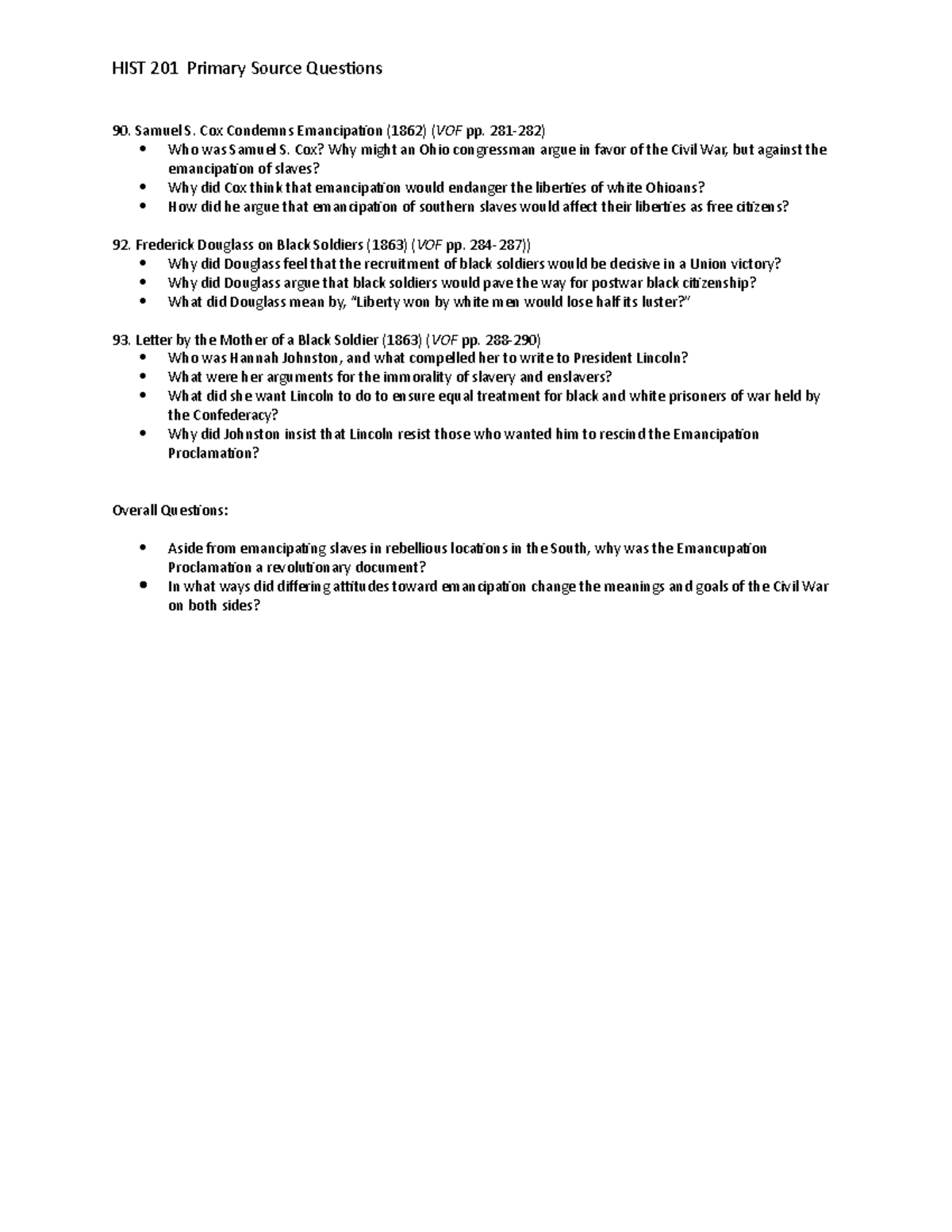 Questions for Emancipation primary documents - HIST 201 Primary Source ...
