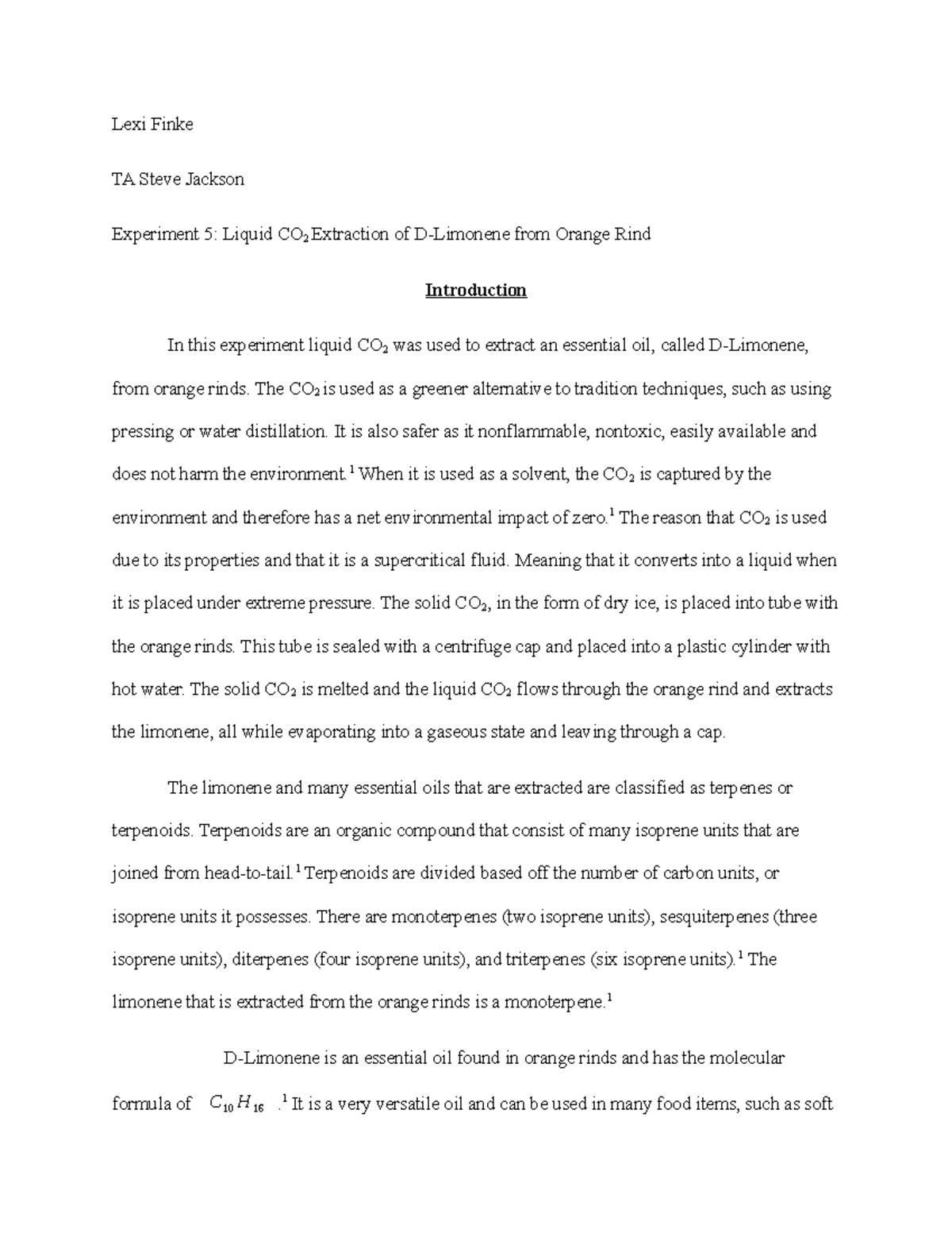 Experiment 5 Report Liquid CO2 Extraction of DLimonene from Orange