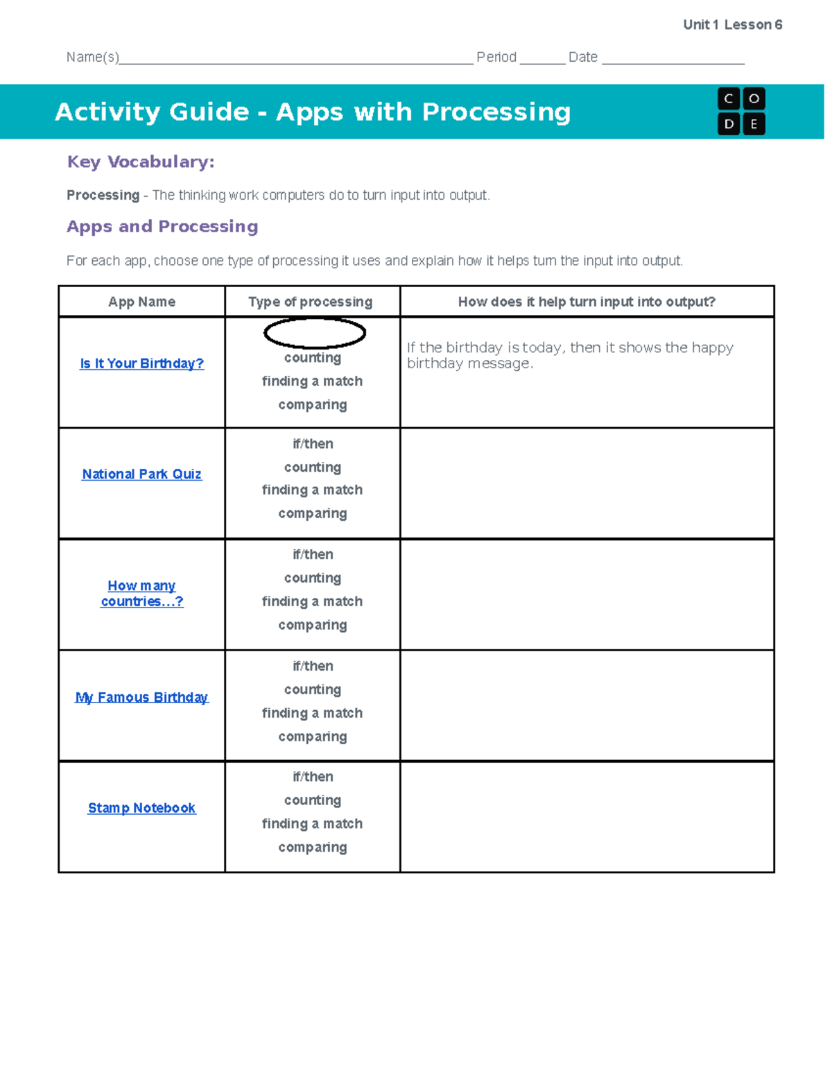 U1L06 - Activity Guide -Apps with Processing - Unit 1 Lesson 6 - Studocu