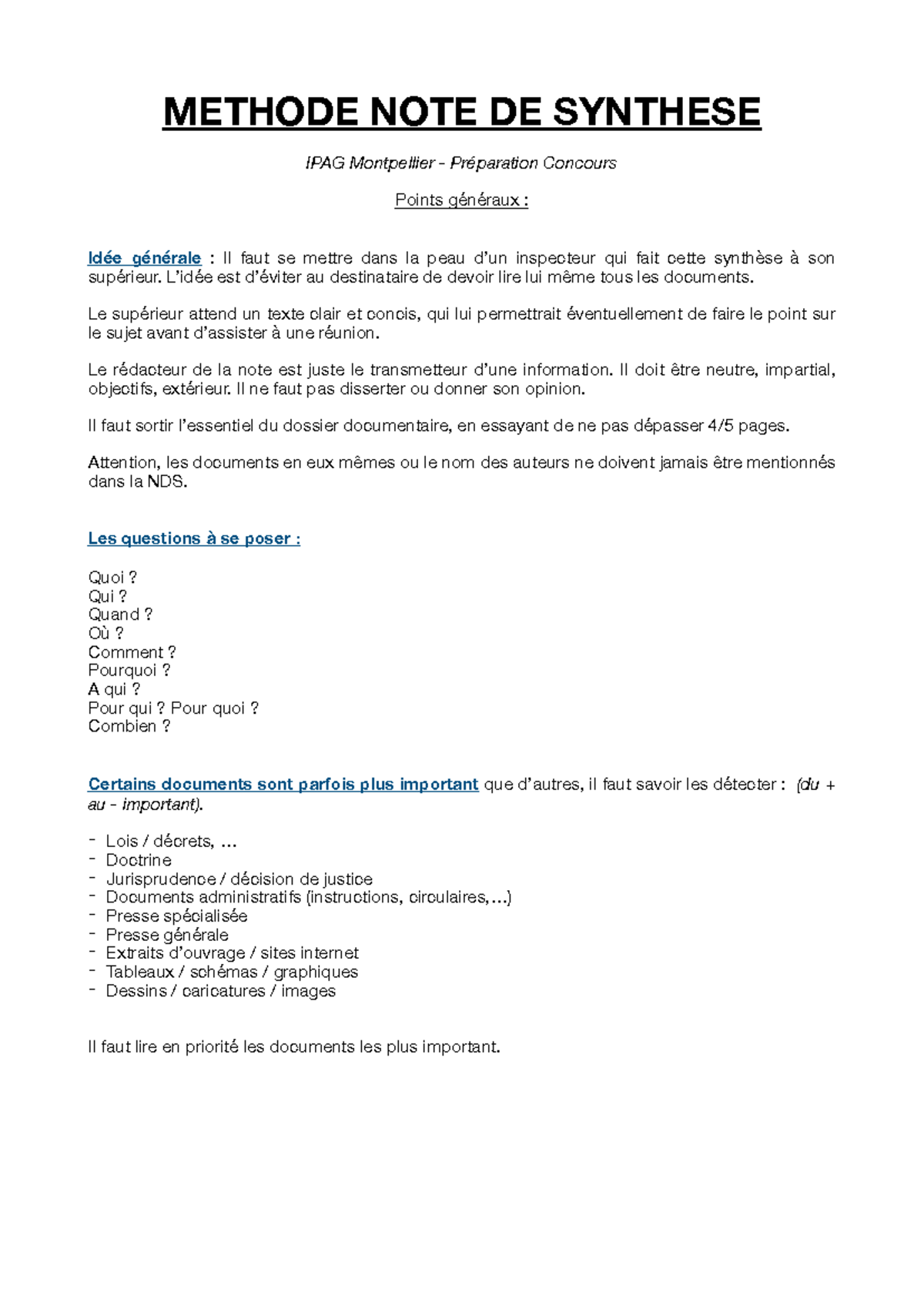 Méthode Note de synthèse - METHODE NOTE DE SYNTHESE IPAG Montpellier ...