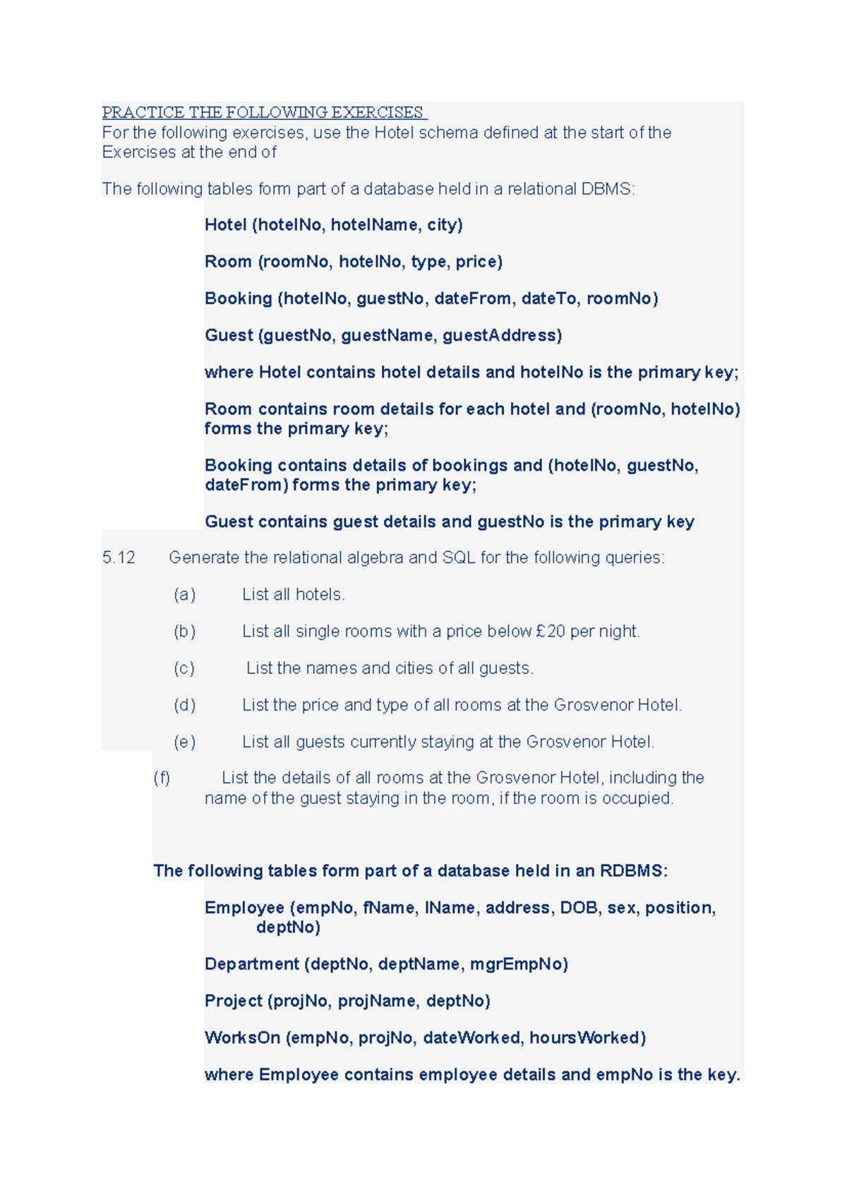 Database Practice THE Following Exercises 2024 - PRACTICE THE FOLLOWING ...