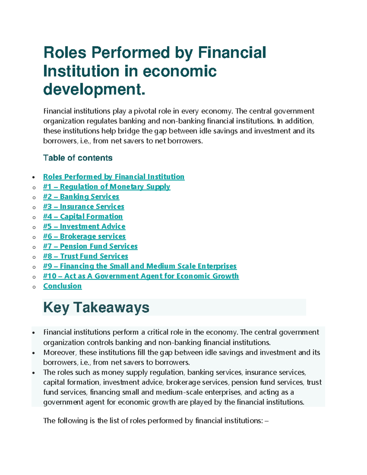 Roles Performed by Financial Institution in economic development ...