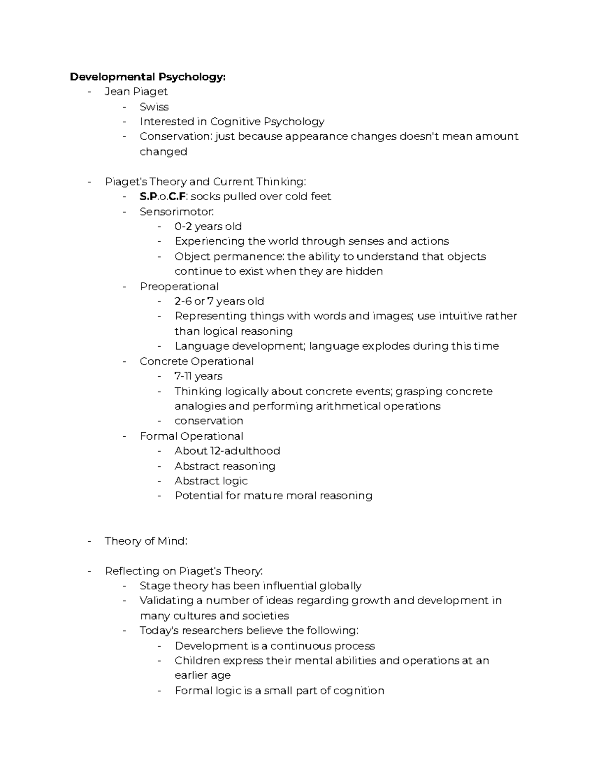 Psych Unit 4 In Class Notes - Developmental Psychology: - Jean Piaget ...