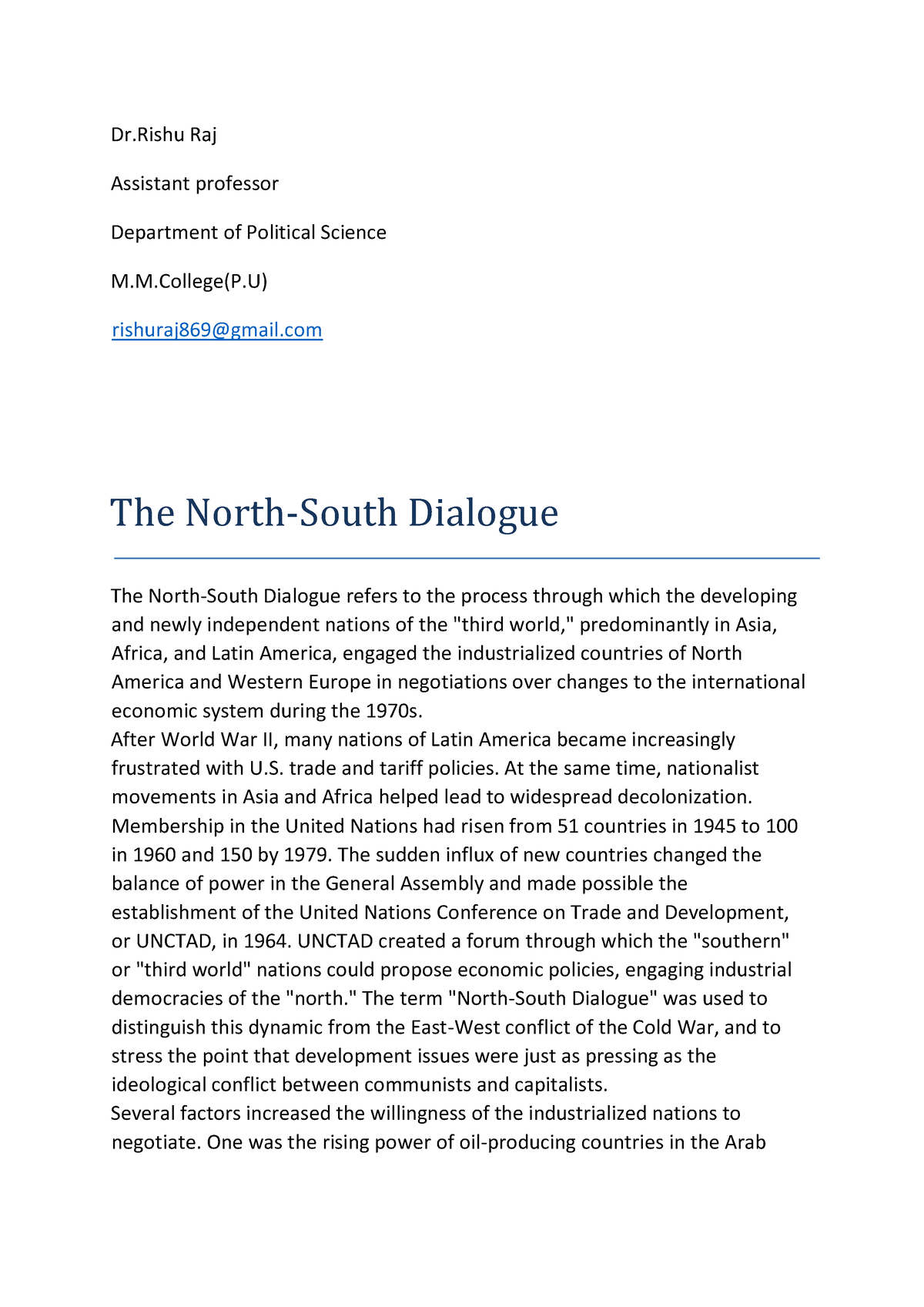 write an essay on north south dialogue