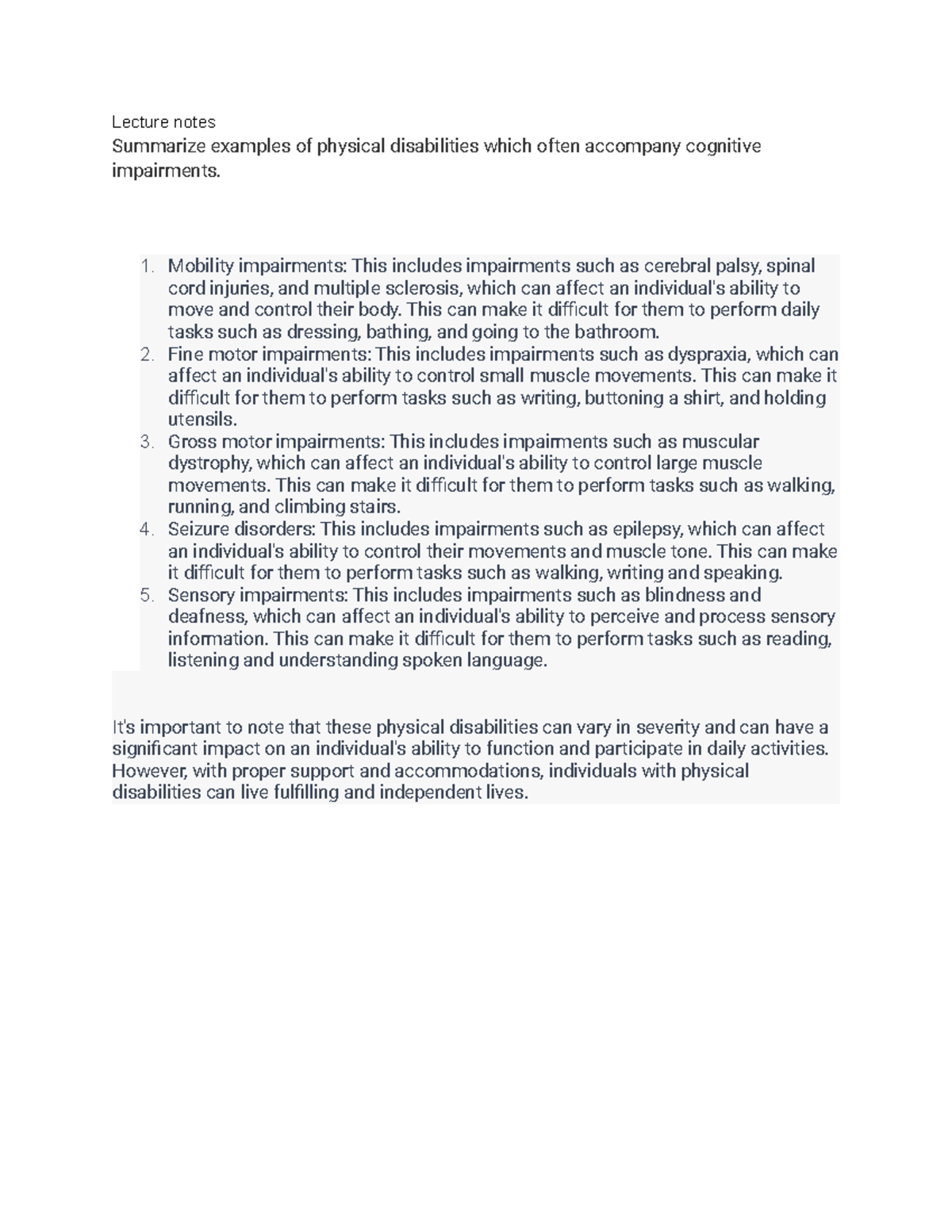SPE 105(5 - Summarize examples of physical disabilities which often ...