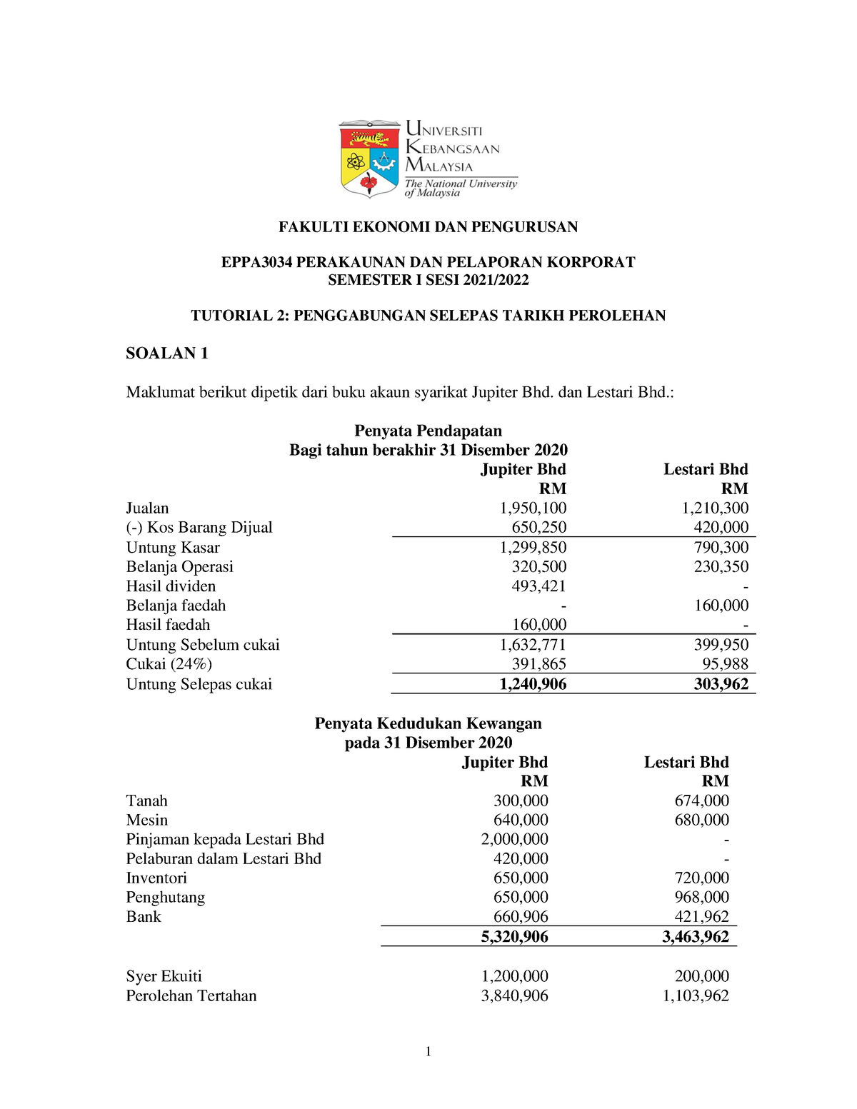 Tutorial 2 - FAKULTI EKONOMI DAN PENGURUSAN EPPA3034 PERAKAUNAN DAN ...