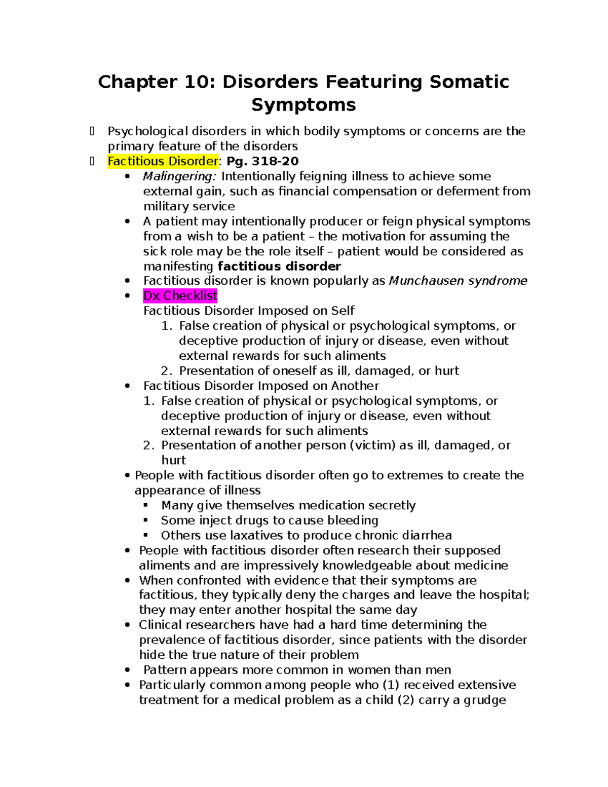 Test 2 Chapter 10 Study Guide - Chapter 10: Disorders Featuring Somatic ...