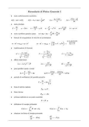 Formulario Fisica generale 1 - Formulario di Fisica Generale I Cinematica  Velocit`a:v=drdt - Studocu