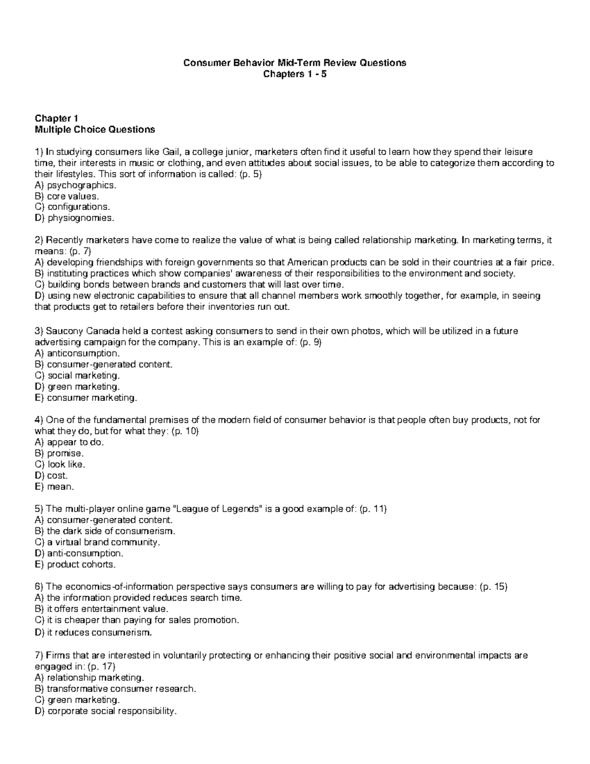 Mid Review, questions - Consumer Behavior Review Questions Chapters 1 5 ...
