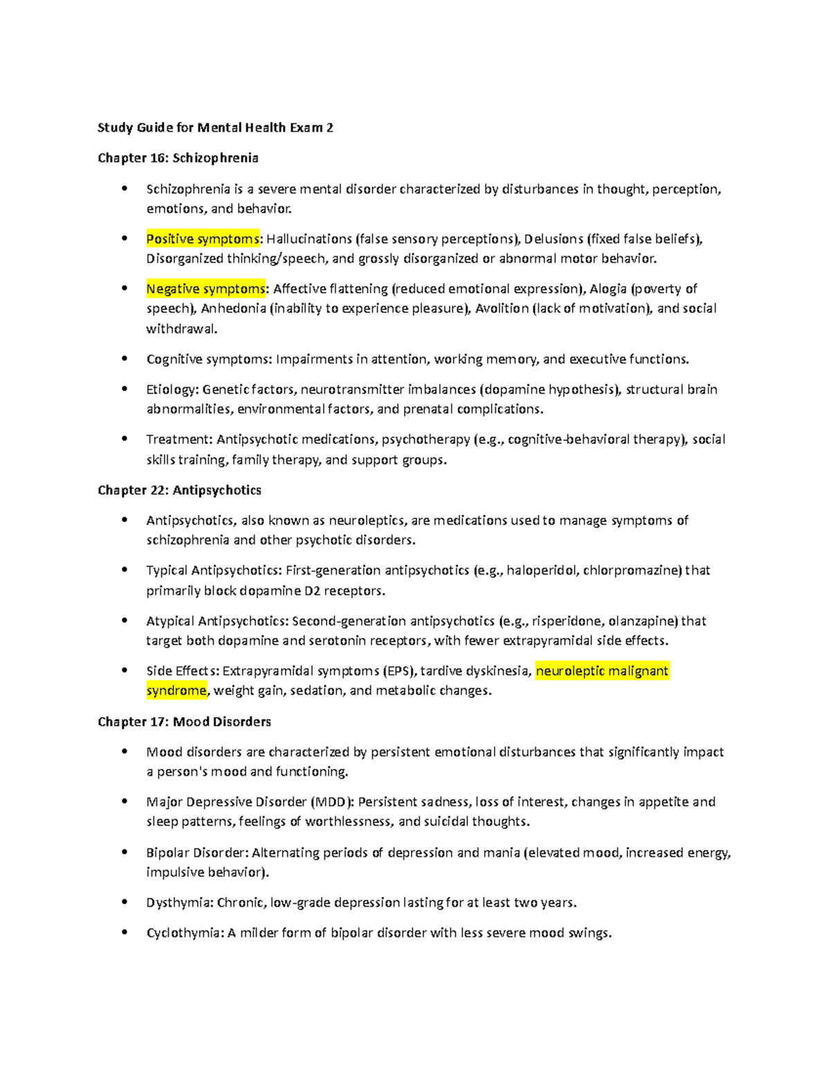 Study Guide for Mental Health Exam 2 - Positive symptoms ...