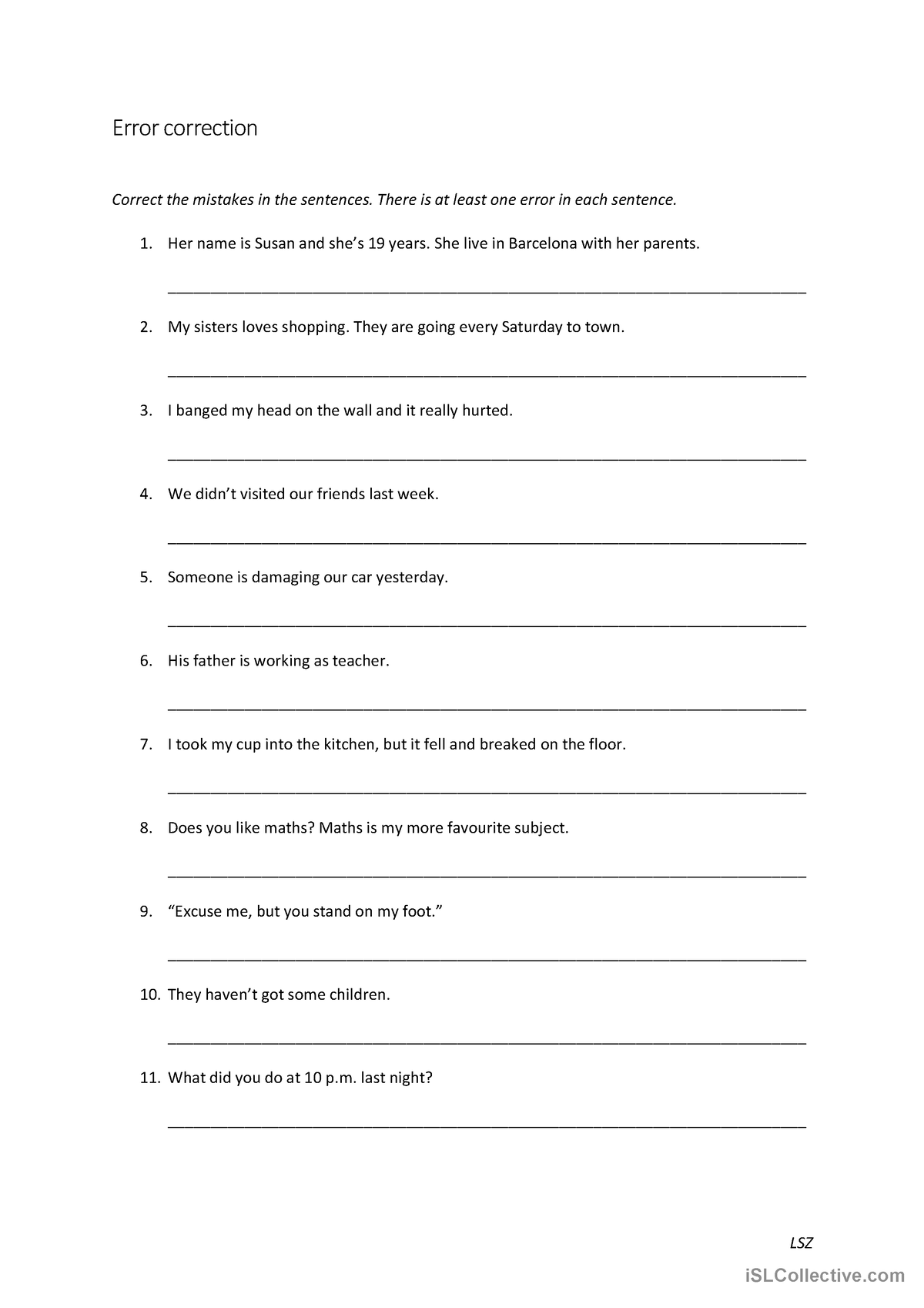 Error correction worksheet - LSZ Error correction Correct the mistakes ...