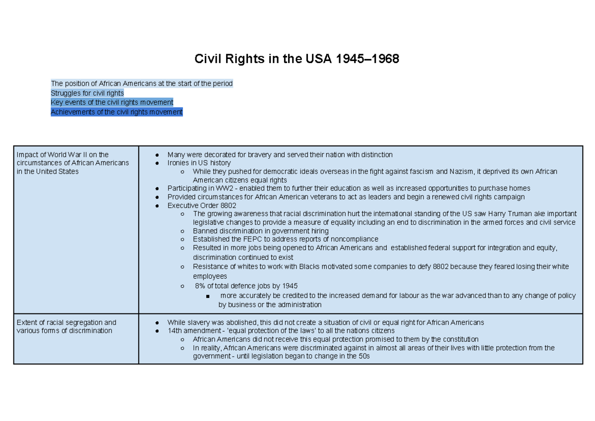 Notes Civil Rights in the USA 1945–1968 - Civil Rights in the USA 1945 ...