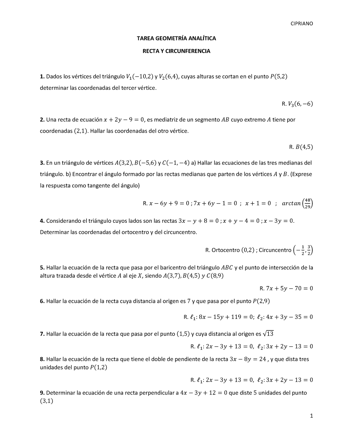 Tarea DE Geometría Analítica - CIPRIANO 1 TAREA GEOMETRÍA ANALÍTICA ...