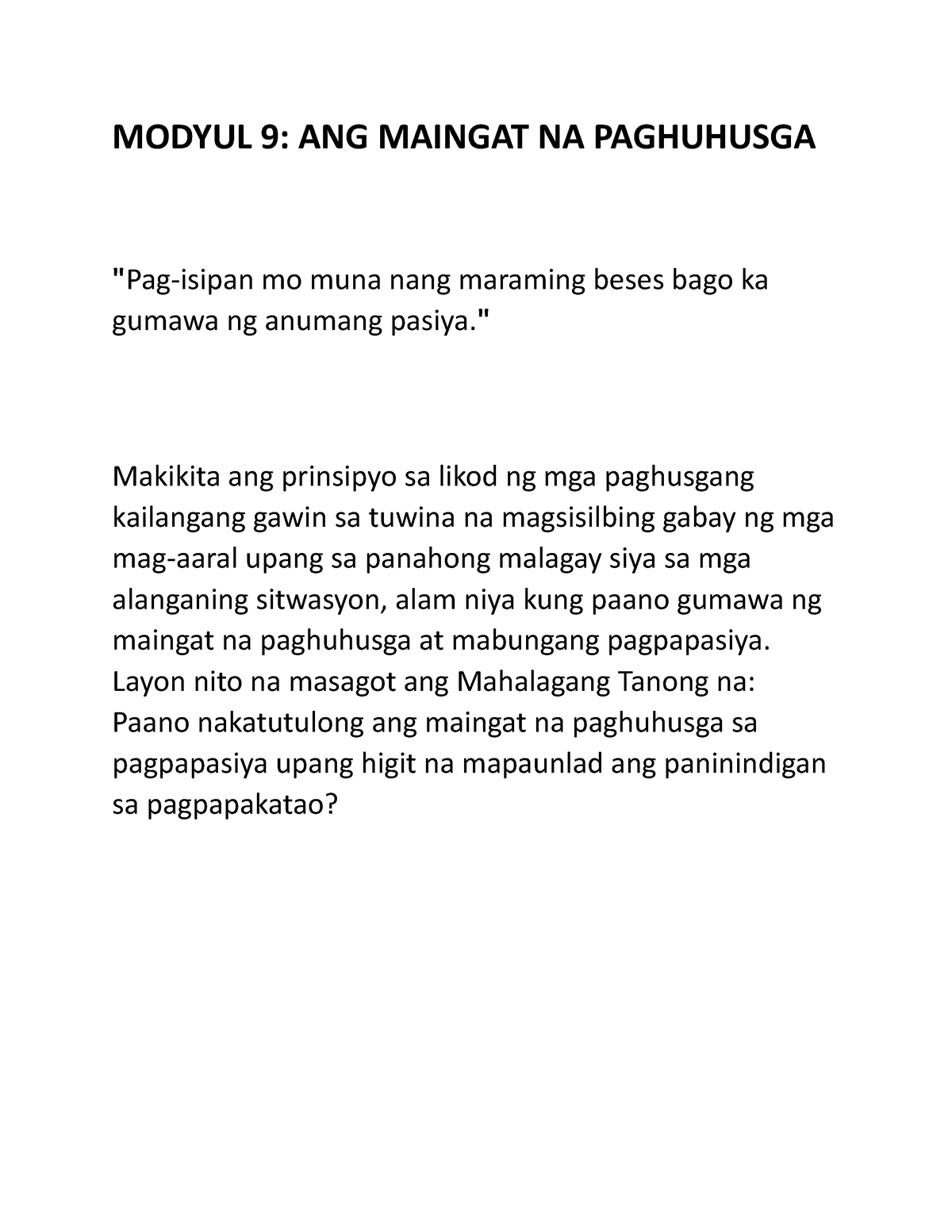 Modyul 9 - It Is Esp Subject Not Filipino - MODYUL 9: ANG MAINGAT NA ...