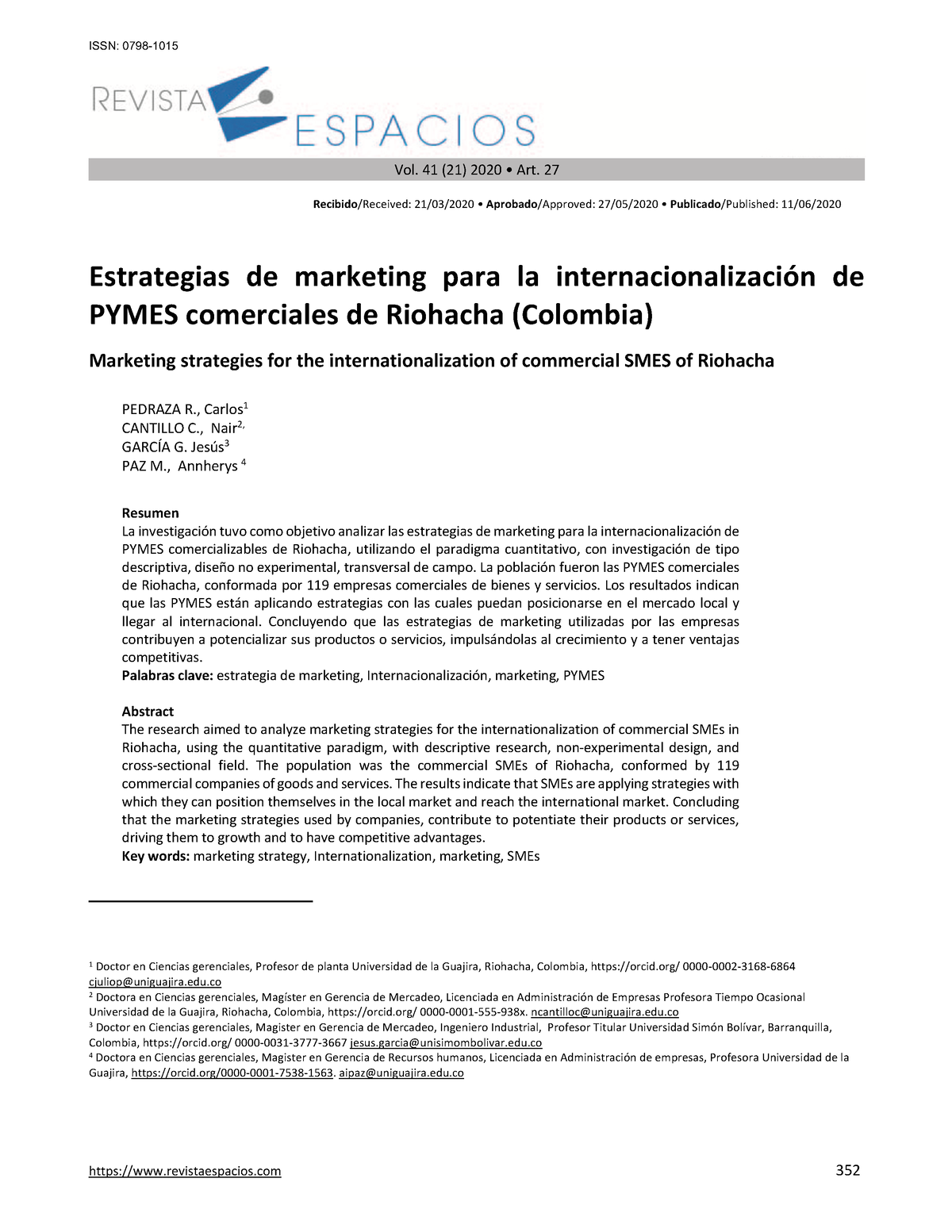 Informe cientifico - ISSN: 0798- 1015 Vol. 41 (2 1 ) 2020 • Art. 27 ...