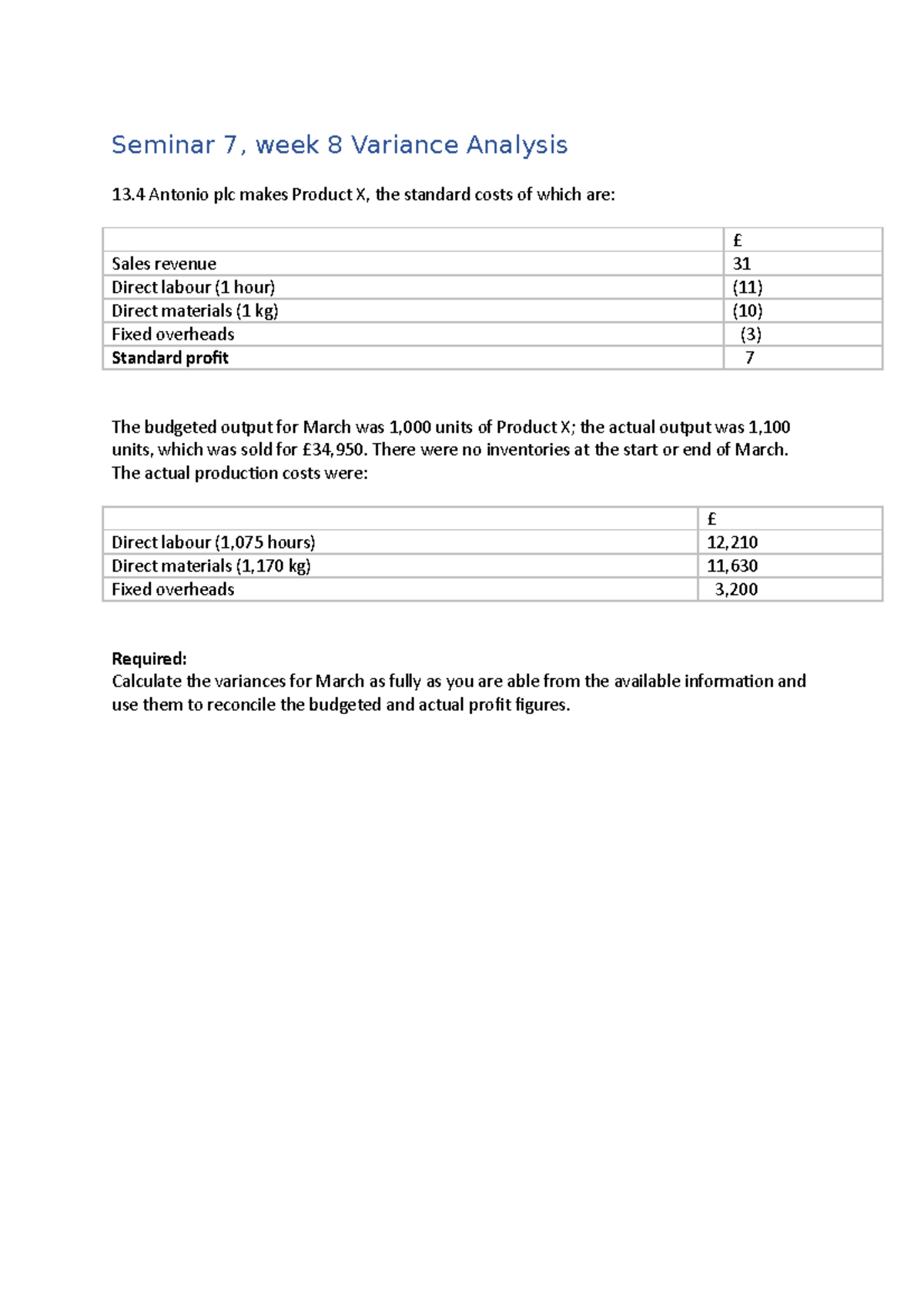 Seminar 7 questions - Variance analysis - Seminar 7, week 8 Variance ...