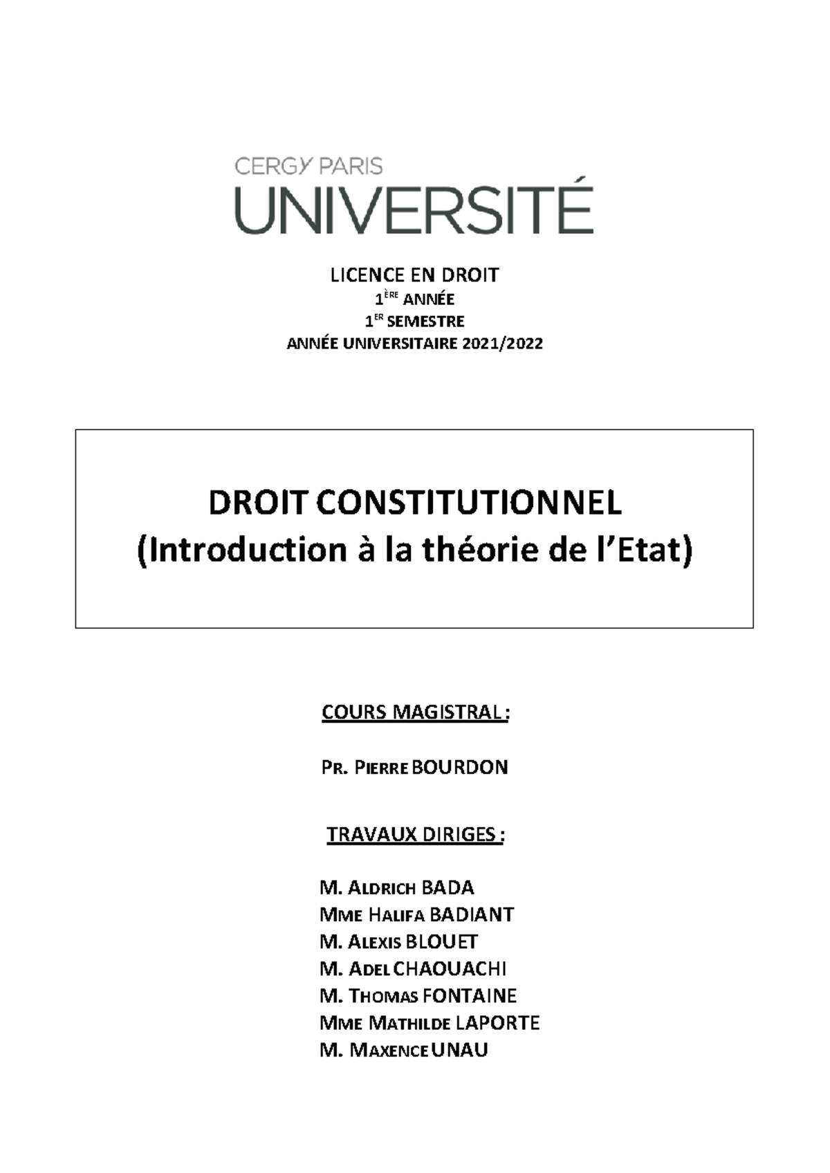 Fascicule De Droit Constitutionnel Cergy Pontoise 21 22 Licence En Droit 1 Ere Annee 1 Er Studocu