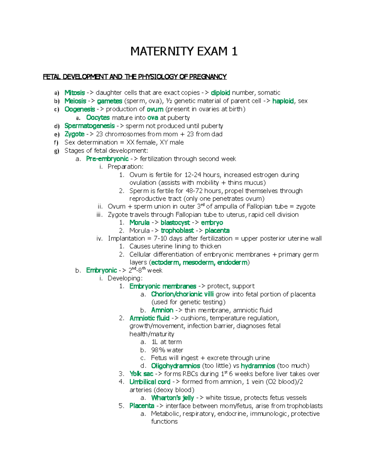 Maternity Exam 1 - MATERNITY EXAM 1 FETAL DEVELOPMENT AND THE ...