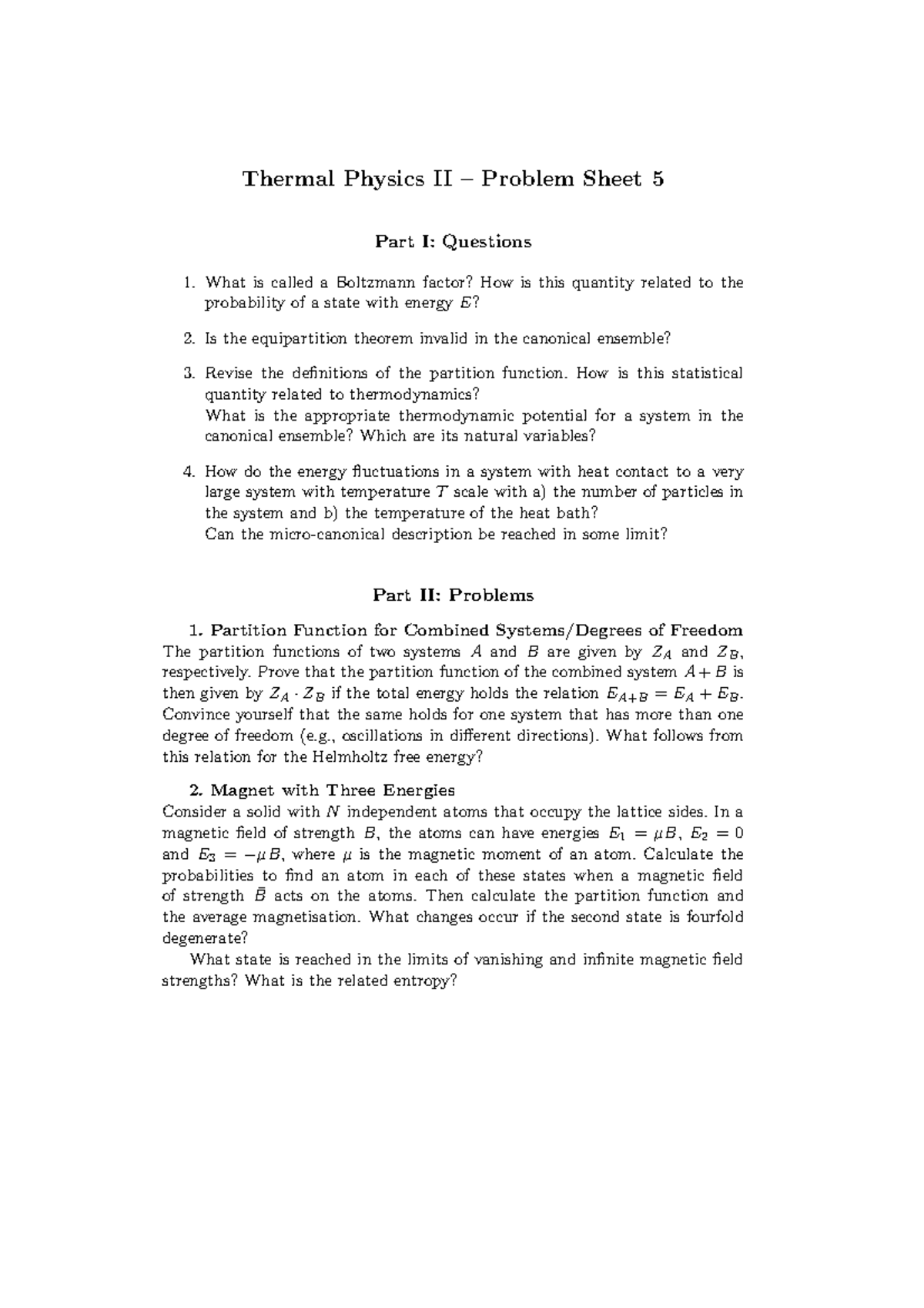PX265 2012-2013 Problem Sheet 5 - Thermal Physics II – Problem Sheet 5 ...
