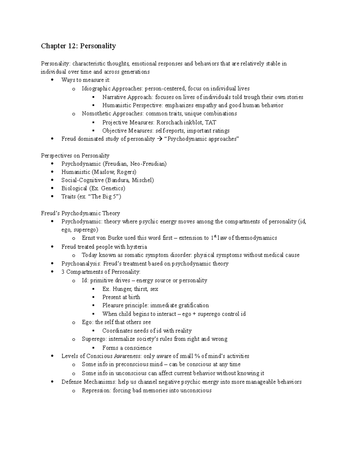 Chapter 12 Notes - Chapter 12: Personality Personality: Characteristic ...