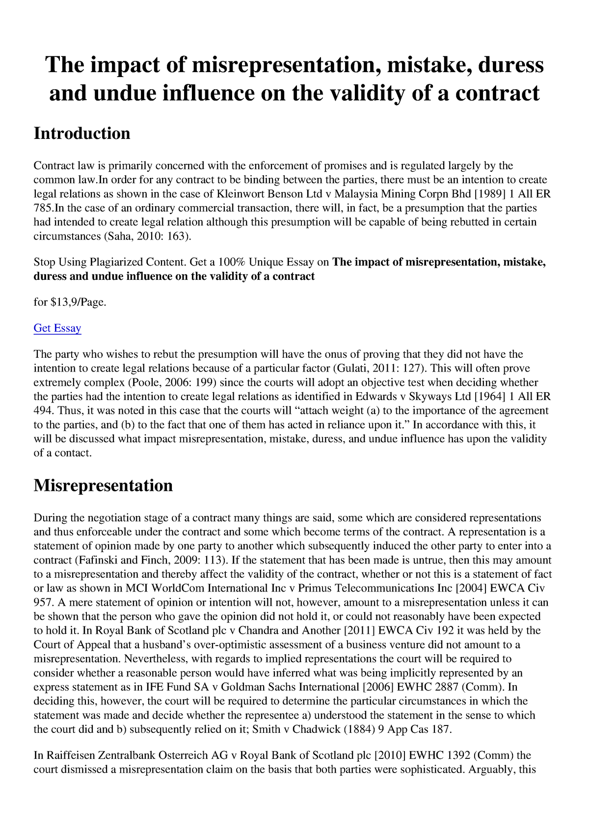 The impact of misrepresentation, mistake, duress and undue influence on 