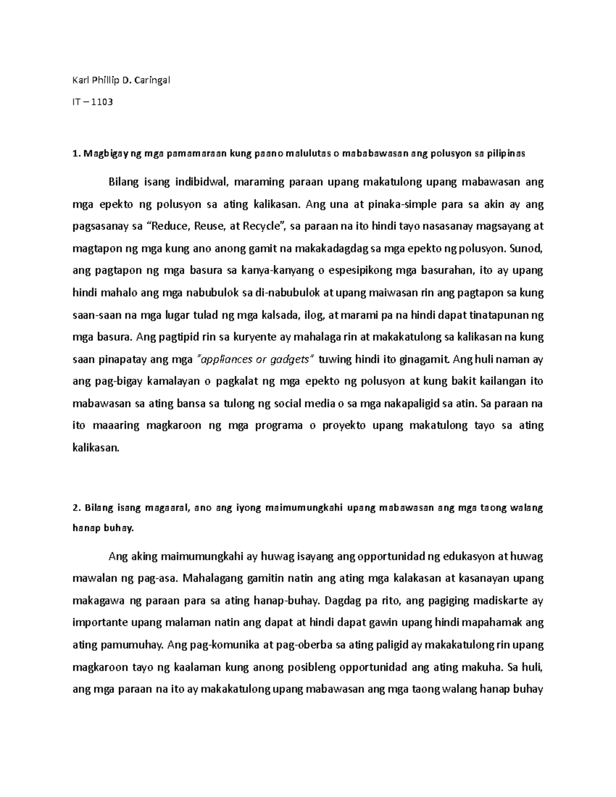 Caringal IT-1103 - Karl Phillip D. Caringal IT – 1103 Magbigay ng mga ...