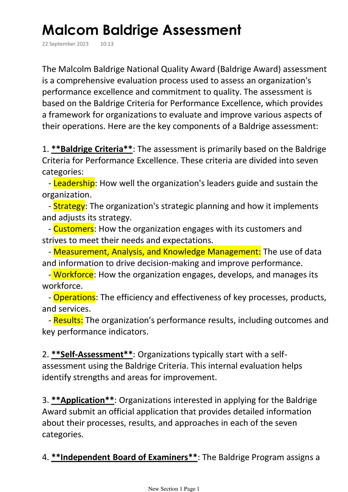 Malcom Baldrige Assessment - The Malcolm Baldrige National Quality ...