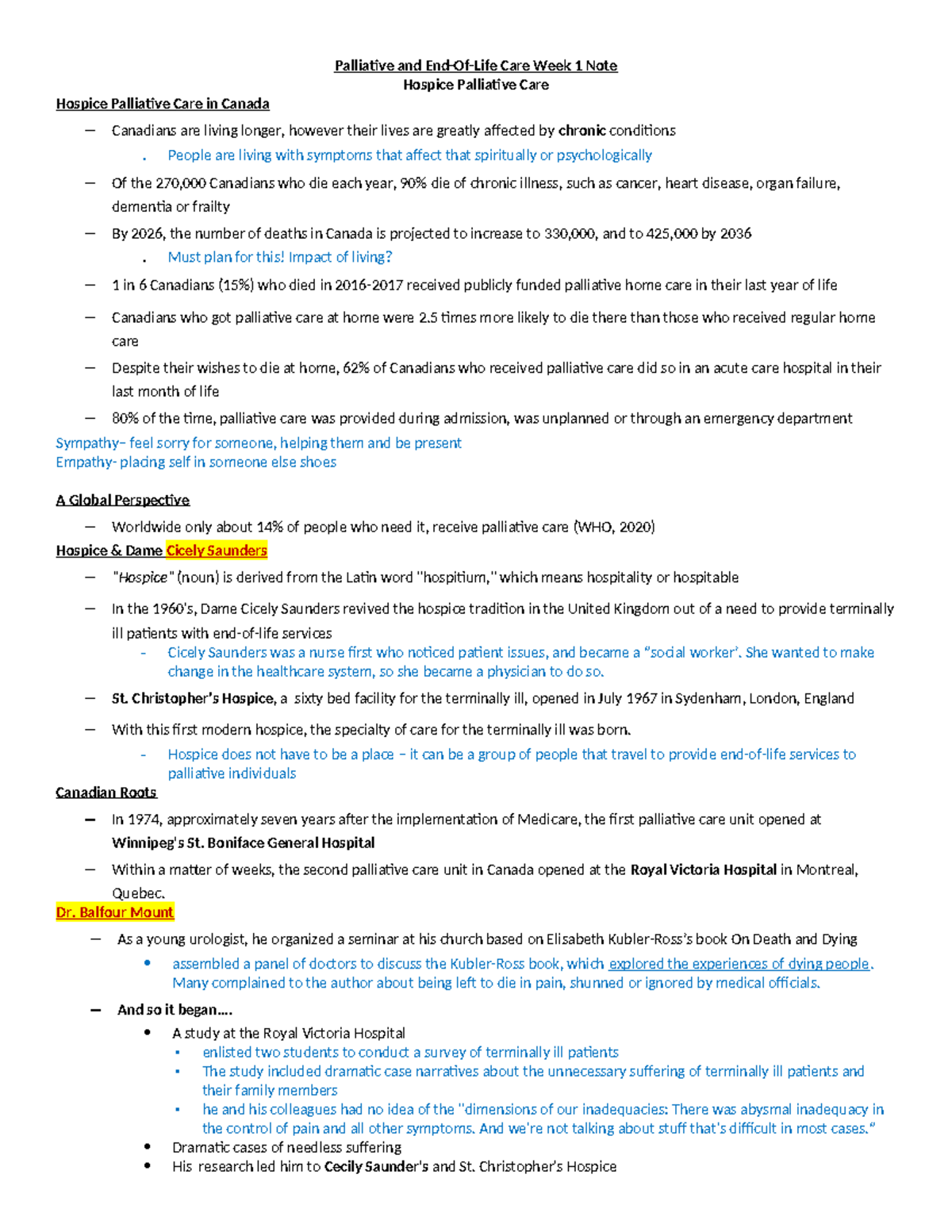 PC W1 hospice palliative care - Palliative and End-Of-Life Care Week 1 ...