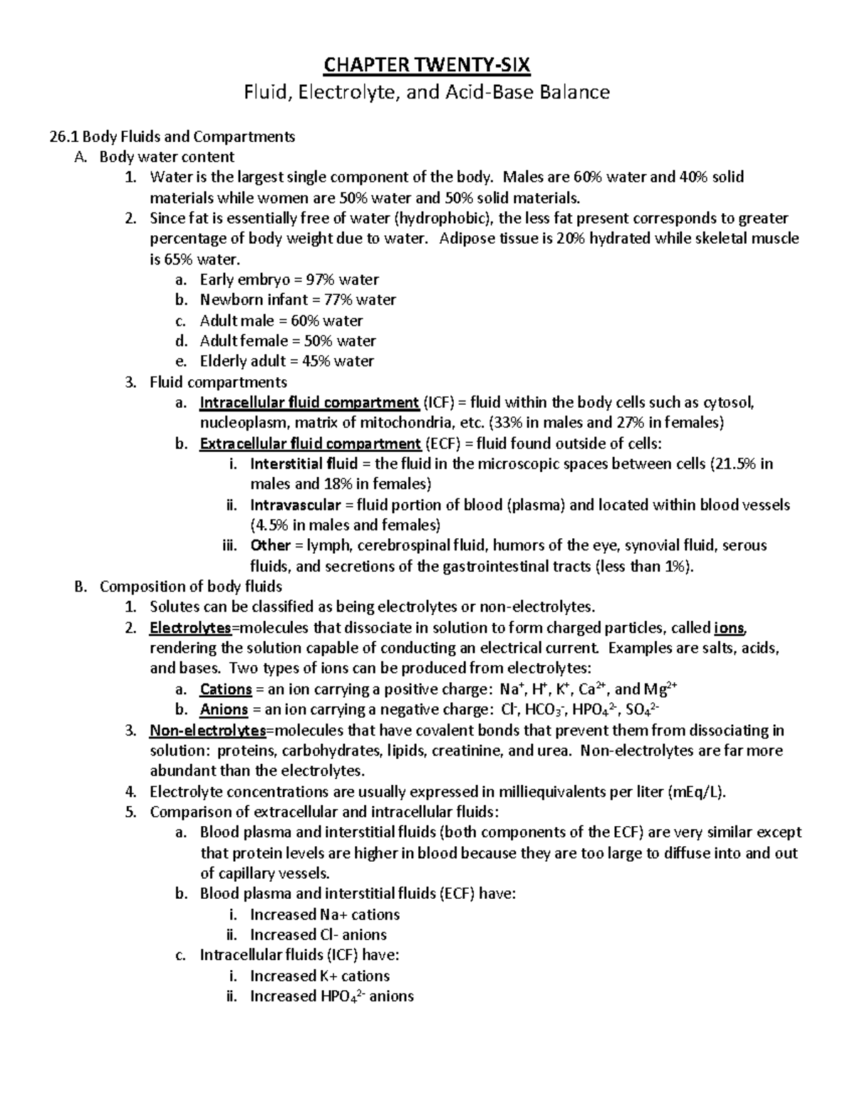 Chapter 26 Outline - N/a - CHAPTER TWENTY-SIX Fluid, Electrolyte, And ...