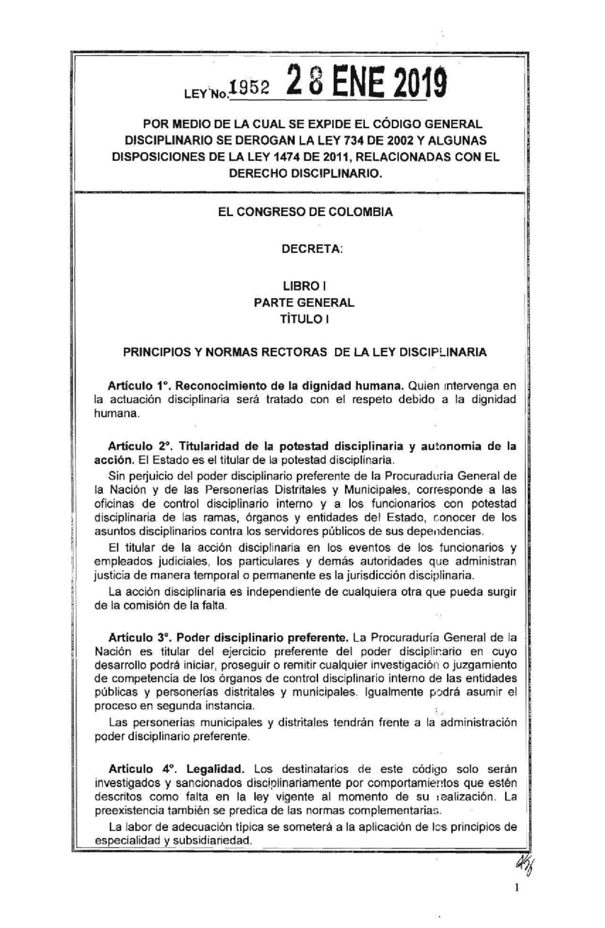 Ley 1952 Del 28 De Enero De 2019 - Nuevo Código General Disciplinario ...