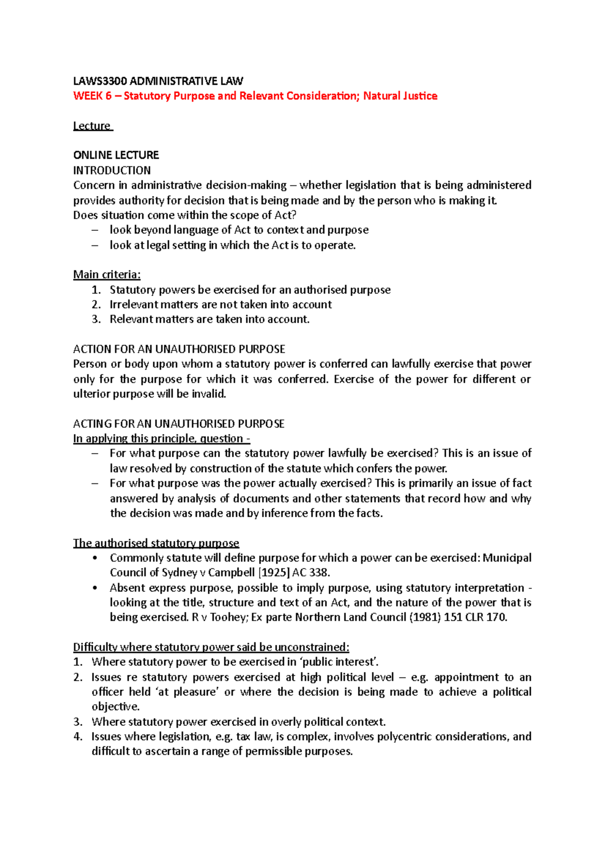 WEEK 6 Statutory Purpose and Relevant Consideration; Natural Justice